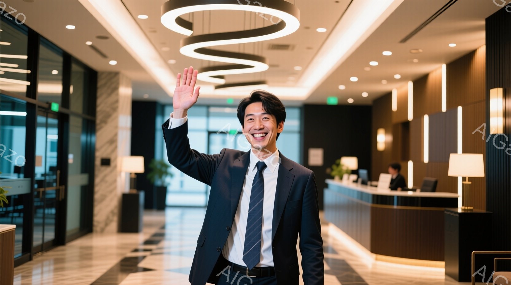 スーツ姿の男性が、ホテルのロビーで笑顔で手を振っています。彼は黒のスーツに白のシャツ、ネクタイを着用し、髪型は短髪で整っています。背景には、大理石の床やモダンなデザインの照明が並び、明るく洗練された雰 - AI生成フリー素材