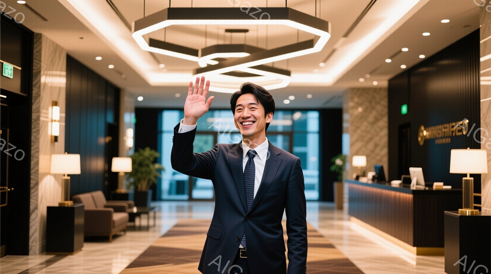 スーツを着た男性が、ホテルのロビーで手を振って笑顔を見せています。彼は紺色のスーツにネクタイを締め、髪は短く整えられています。背景には、モダンなデザインのロビーと受付カウンター、そして薄いピンク色のカ - AI生成フリー素材