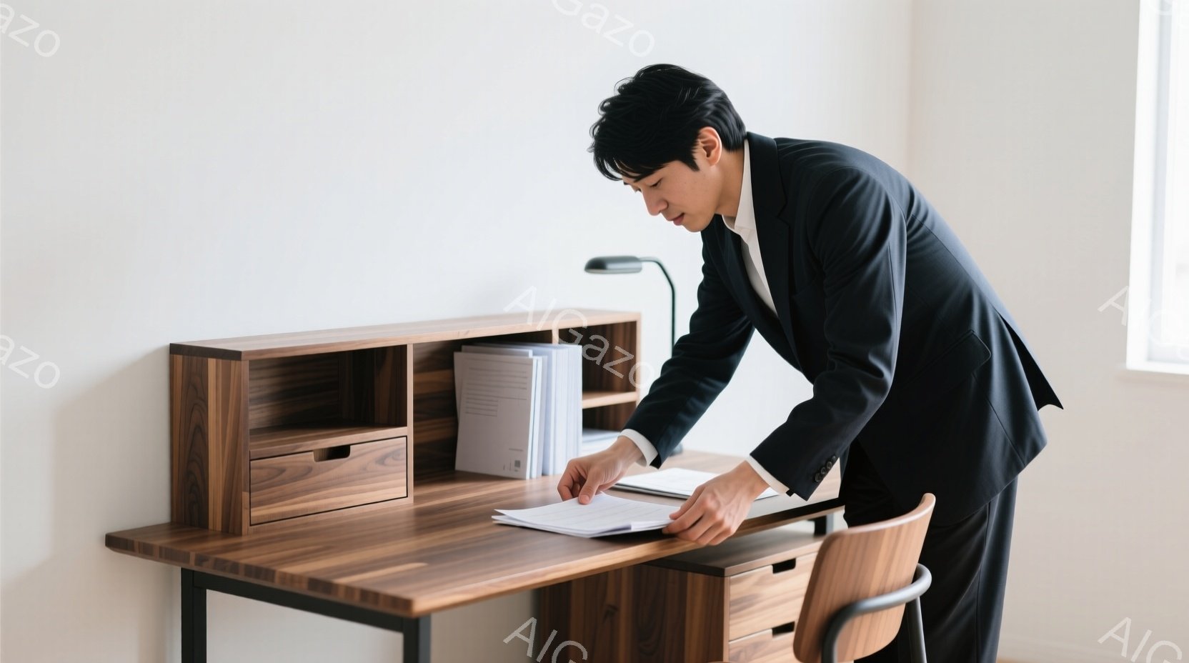 濃い色のスーツを着た男性が、木製のデスクの前で書類を手にしている。彼は少し前かがみの姿勢で書類を見つめており、真剣な表情をしているようだ。背景には白壁があり、デスクの上にはファイルや書類が整理されている、落ち着いた雰囲気の室内である。