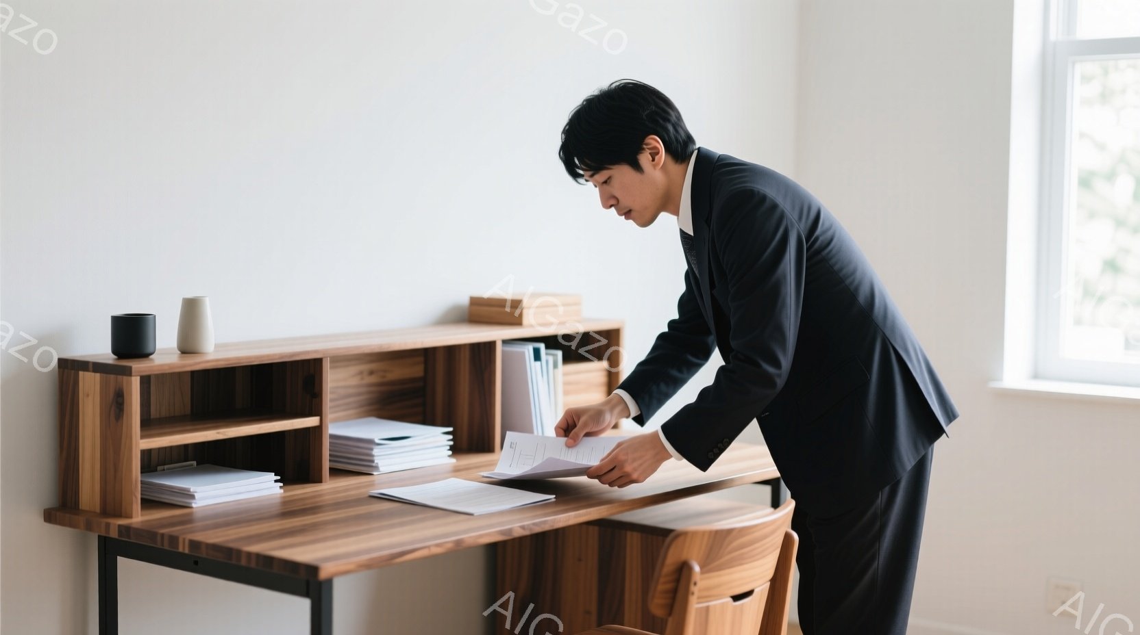 スーツを着た男性が、木製のデスクに向かって書類を見ている。彼は少し前かがみの姿勢で、真剣な表情で書類に集中している。背景には木製の棚と椅子があり、自然光が差し込み、落ち着いた雰囲気を作り出している。 - AI生成フリー素材