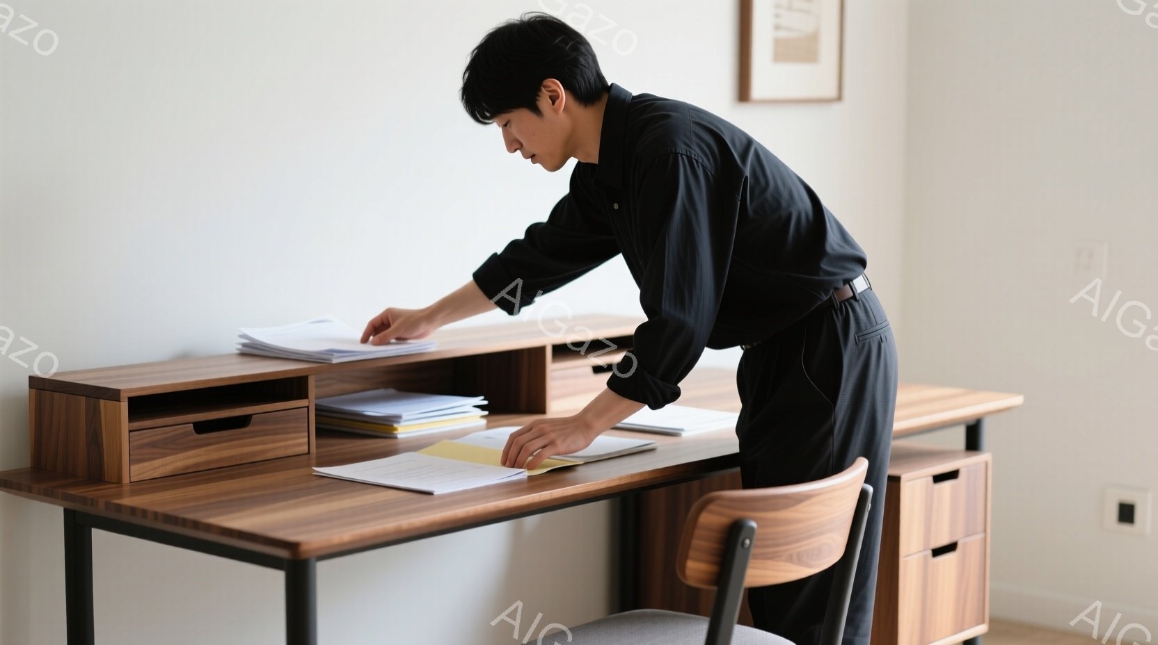 黒いシャツを着た男性が、木製のデスクに向かって身を乗り出している。彼は書類を手に取り、デスクの整理をしている様子で、やや真剣な表情をしている。背景は白壁で、デスクの上には書類の山が置かれ、落ち着いた雰 - AI生成フリー素材