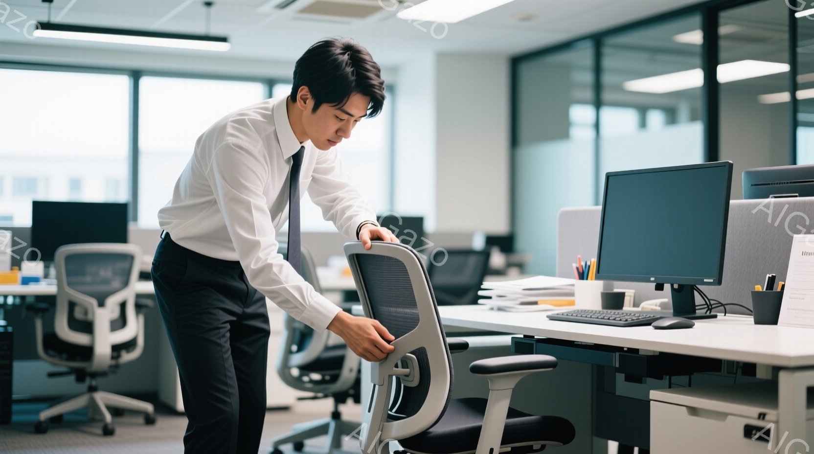 白いシャツに濃い色のズボン、ネクタイを締めた男性が、オフィスチェアの背もたれ部分を調整している様子が写っている。彼は少し前かがみの姿勢で、真剣な表情で椅子を見つめている。背景には、他のオフィスチェアや - AI生成フリー素材