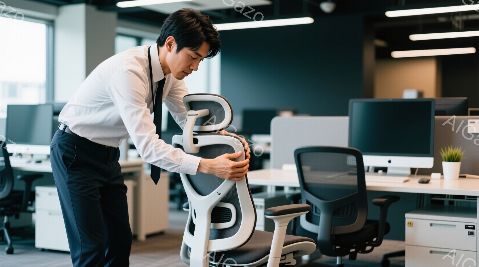 紺色のズボンと白いシャツを着た男性が、オフィスチェアの背もたれを調整している。彼は少し身をかがめており、真剣な表情で椅子を見つめている。背景には、他のオフィスチェアやデスク、そしてコンピュータが並び、 - AI生成フリー素材