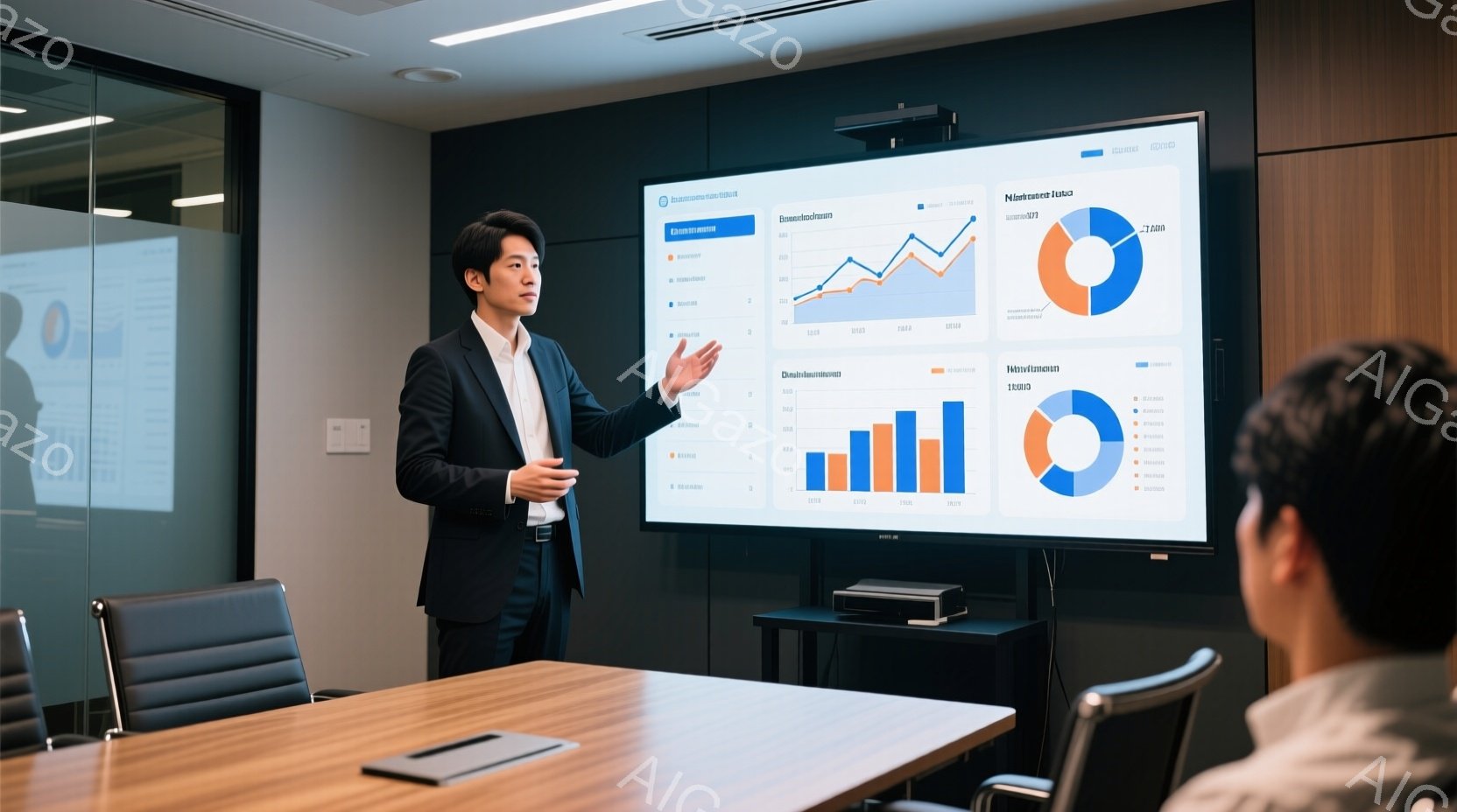 一人の男性が会議室でプレゼンテーションを行っています。彼は黒いスーツにネクタイを締め、髪は短く整えられています。背景にはグラフが表示された大きなスクリーンがあり、参加者の一人が彼の方を向いて座っています。