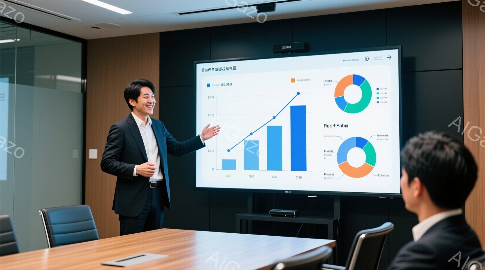 一人の男性がプレゼンテーションを行っており、スーツとシャツ姿で、笑顔で指を伸ばしてグラフを指し示しています。背景にはグラフが表示された大きなスクリーンと、高級感のある木製の会議テーブル、そして数脚のオフィスチェアが見えます。室内は明るく、洗練された雰囲気で、ビジネスシーンを表しています。