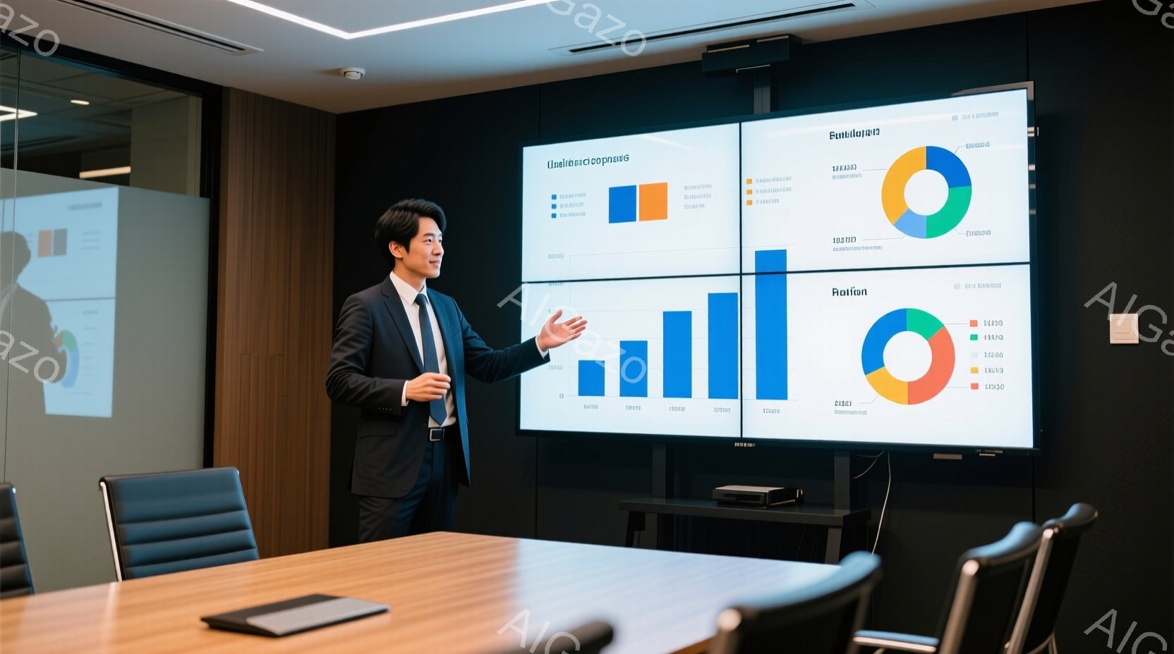 若いビジネスマンが、会議室でプレゼンテーションを行っています。彼は紺色のスーツにネクタイ姿で、片手を広げてグラフが映し出された大きなスクリーンを指し示しています。室内はモダンなデザインで、テーブルと椅子が整然と並び、明るい光が差し込んでいます。