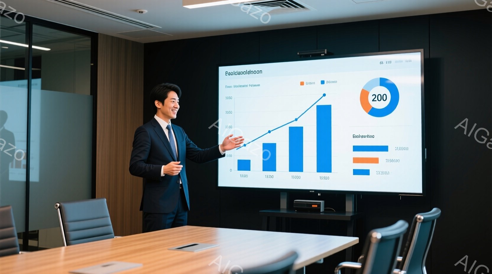 一人の男性が会議室でプレゼンテーションを行っています。彼は紺色のスーツと青いネクタイを着用し、少し微笑んでいます。背景にはグラフが表示された大きなスクリーンがあり、明るくモダンな雰囲気の会議室です。