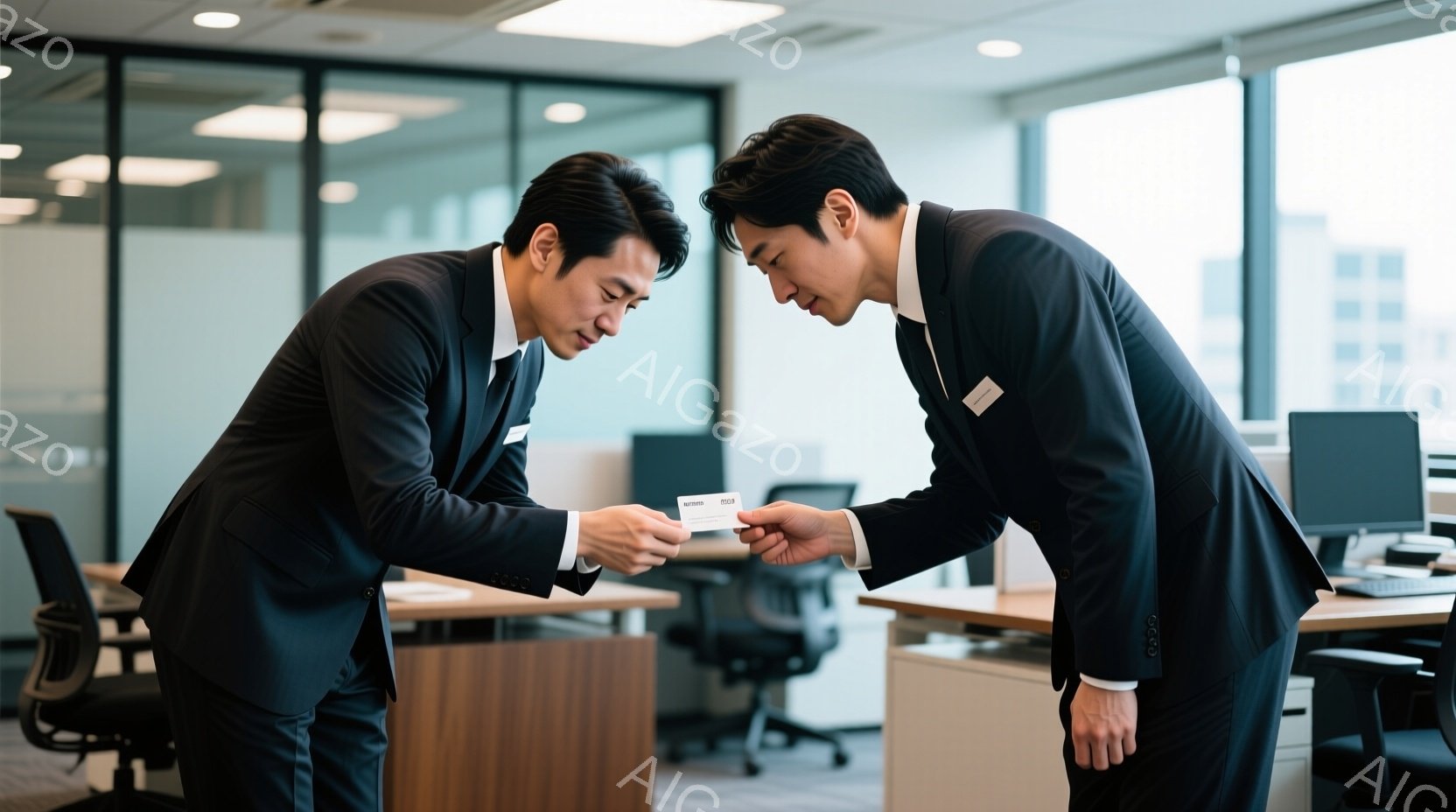 二人のビジネスマンが、オフィス内で名刺交換をしている場面です。黒いスーツと白いシャツを着ており、髪型は短髪で整えられています。彼らは少し身をかがめて、丁寧に名刺を受け渡しており、背景にはオフィス家具や - AI生成フリー素材