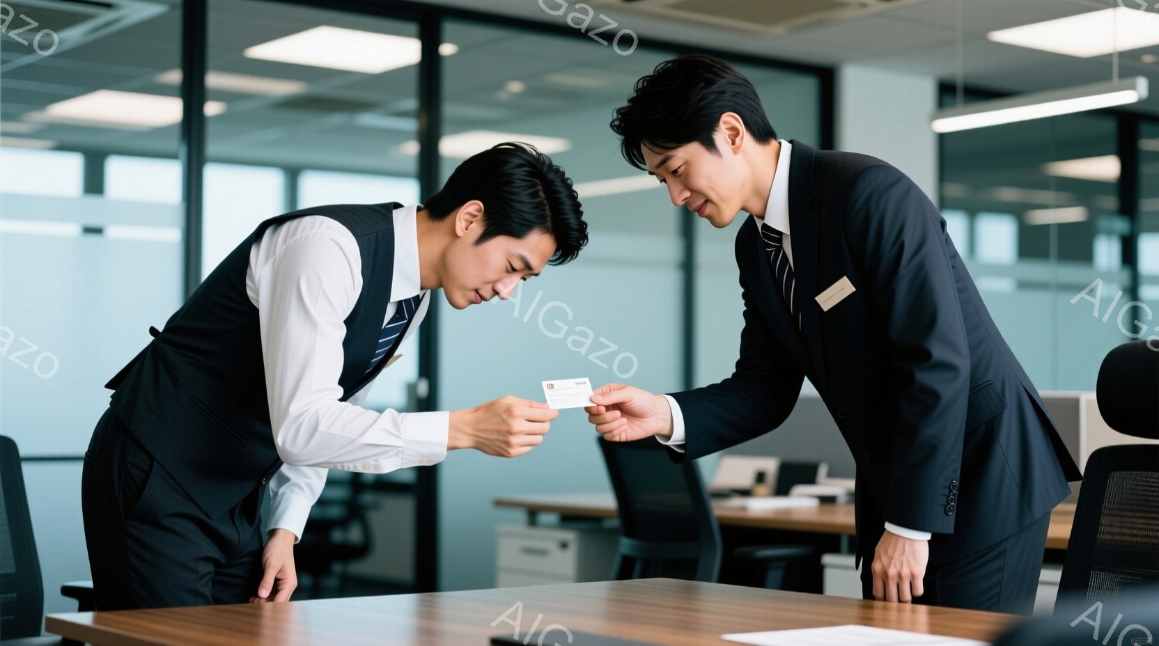 2人の男性が、オフィスで名刺交換をしている場面だ。どちらも黒いスーツにネクタイ姿で、片膝をついて相手に名刺を渡したり受け取ったりしている。背景にはオフィス家具や他のデスクが見え、室内は明るく清潔な印象 - AI生成フリー素材