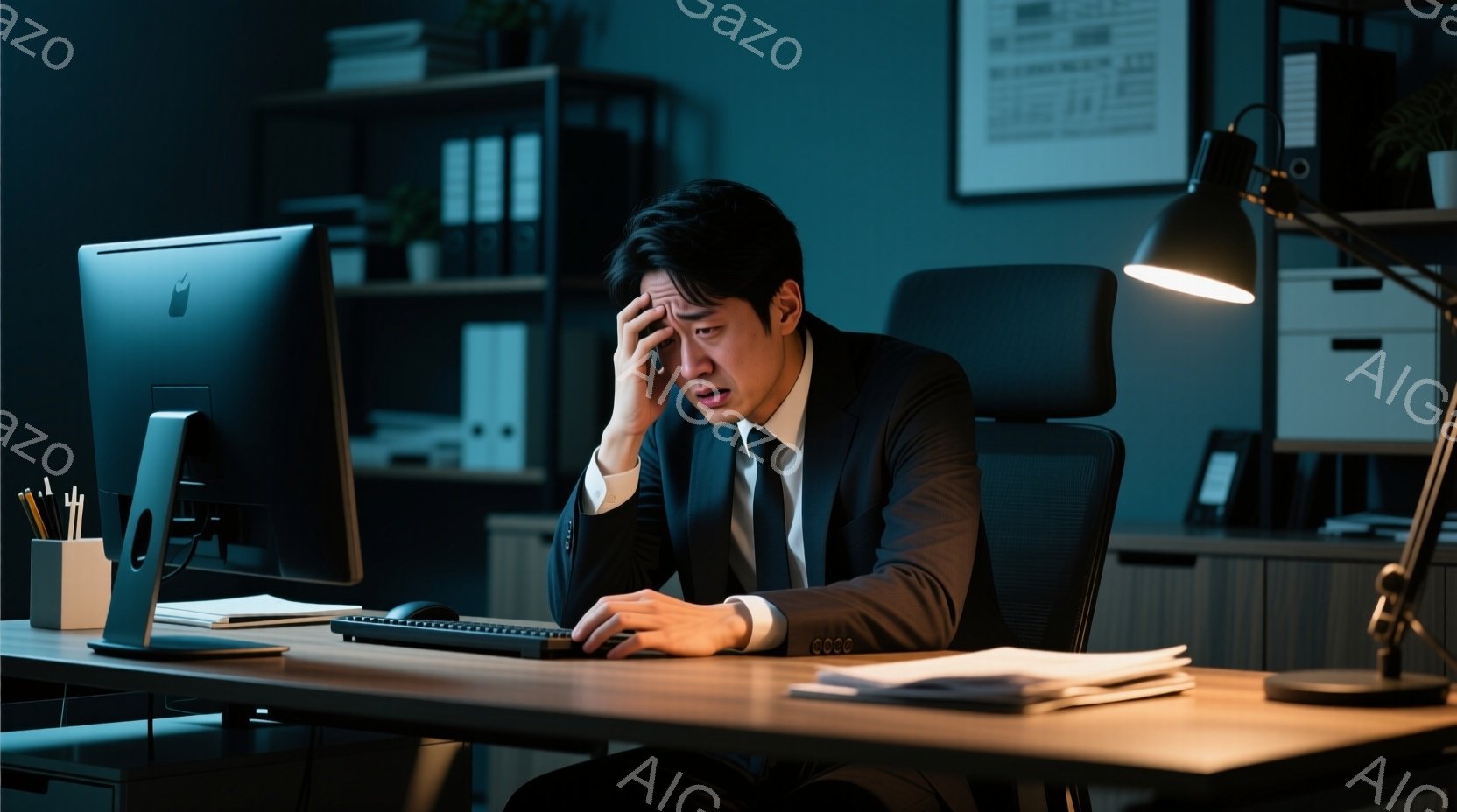スーツとネクタイを着た男性が、暗い部屋のデスクでパソコンに向かって作業をしている。彼は疲労困憊した表情で、片手で額を押さえ、もう片手でキーボードを操作している。背景には本棚や書類が並び、デスクライトだ - AI生成フリー素材