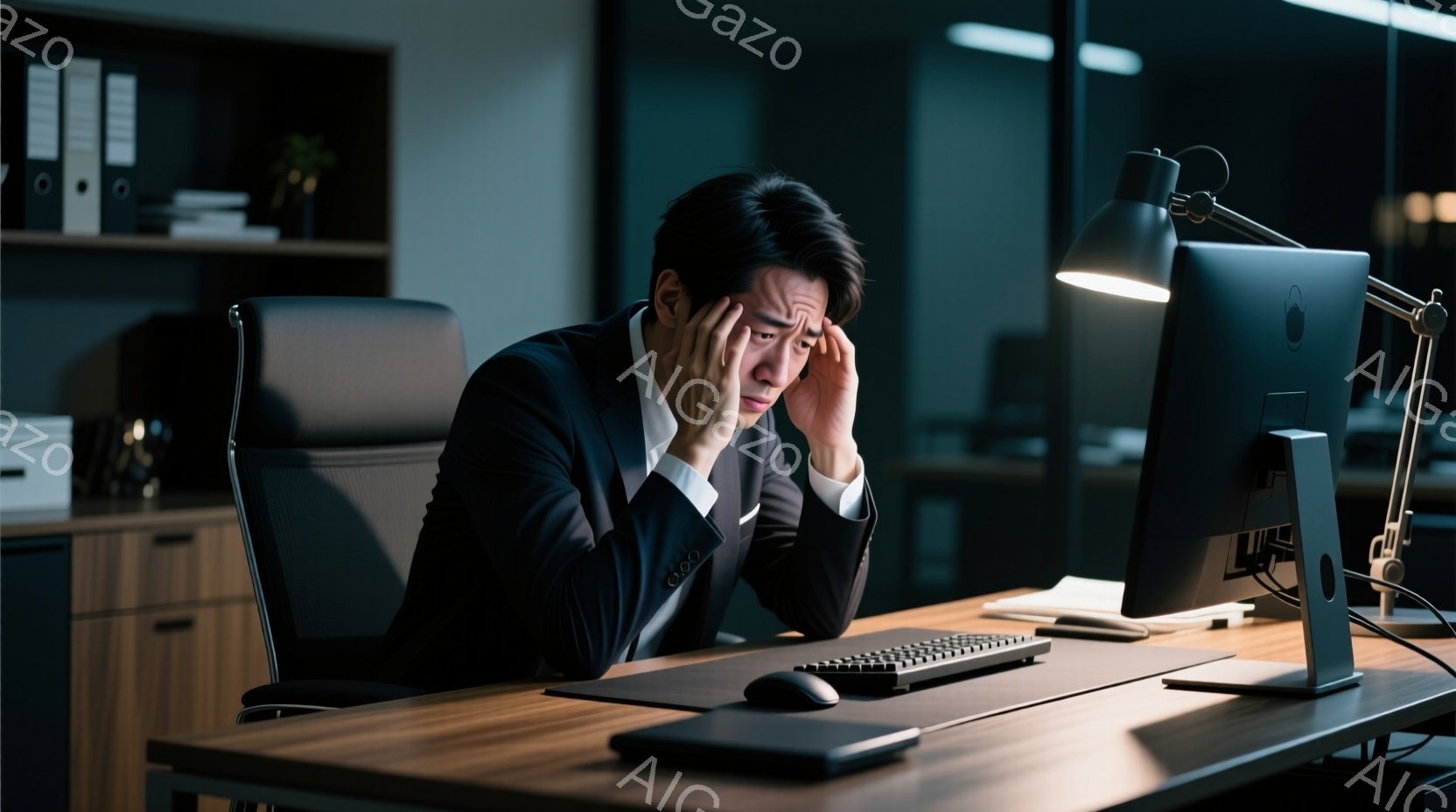 スーツを着た男性がデスクに座り、疲れた表情で顔を両手で覆っている。背景には木製のキャビネットとコンピューターモニターがあり、デスクの上にはキーボードとマウスが置かれている。全体的に、深夜のオフィスで過 - AI生成フリー素材