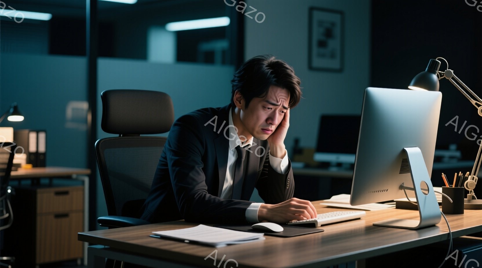 スーツを着た若い男性が、暗いオフィスでコンピューターに向かって座っている。疲労困憊した表情で片手を額に当て、キーボードを操作している。背景は薄暗く、他のデスクやキャビネットが見え、長時間労働による疲労と孤独感が漂う雰囲気だ。