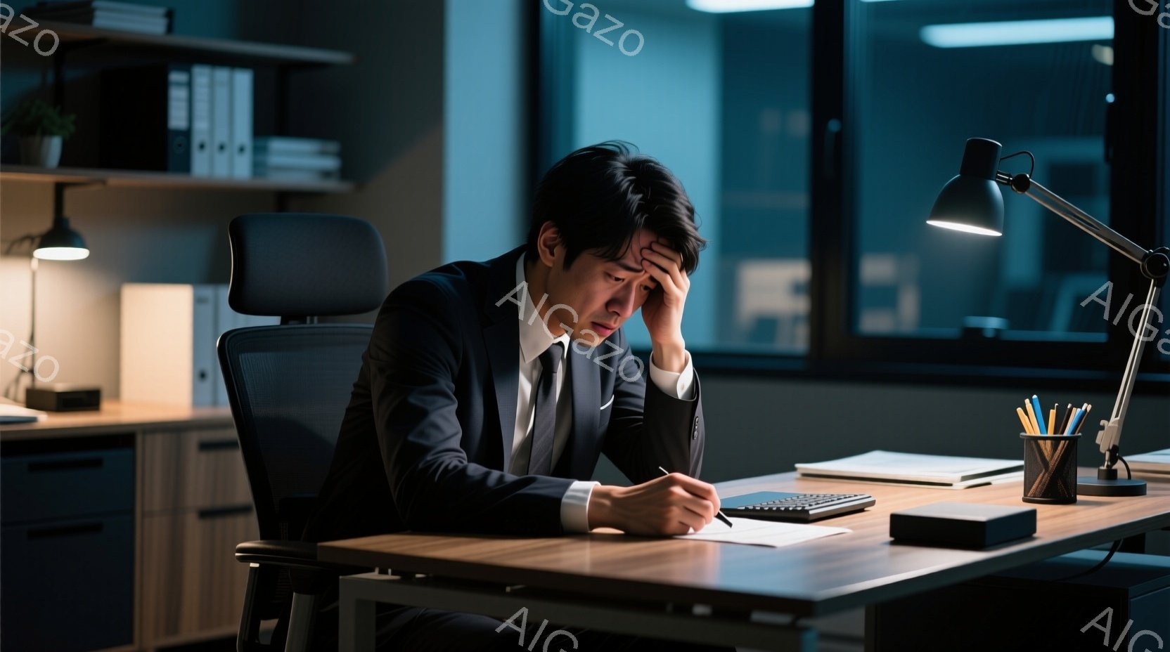 スーツを着た男性が机に向かって疲れた様子で頭を抱えている。彼は白シャツにネクタイをし、髪は短く整えられているが、顔には疲労の色が濃く、目の下には隈が見える。背景には棚や引き出し、計算機などが配置されて - AI生成フリー素材