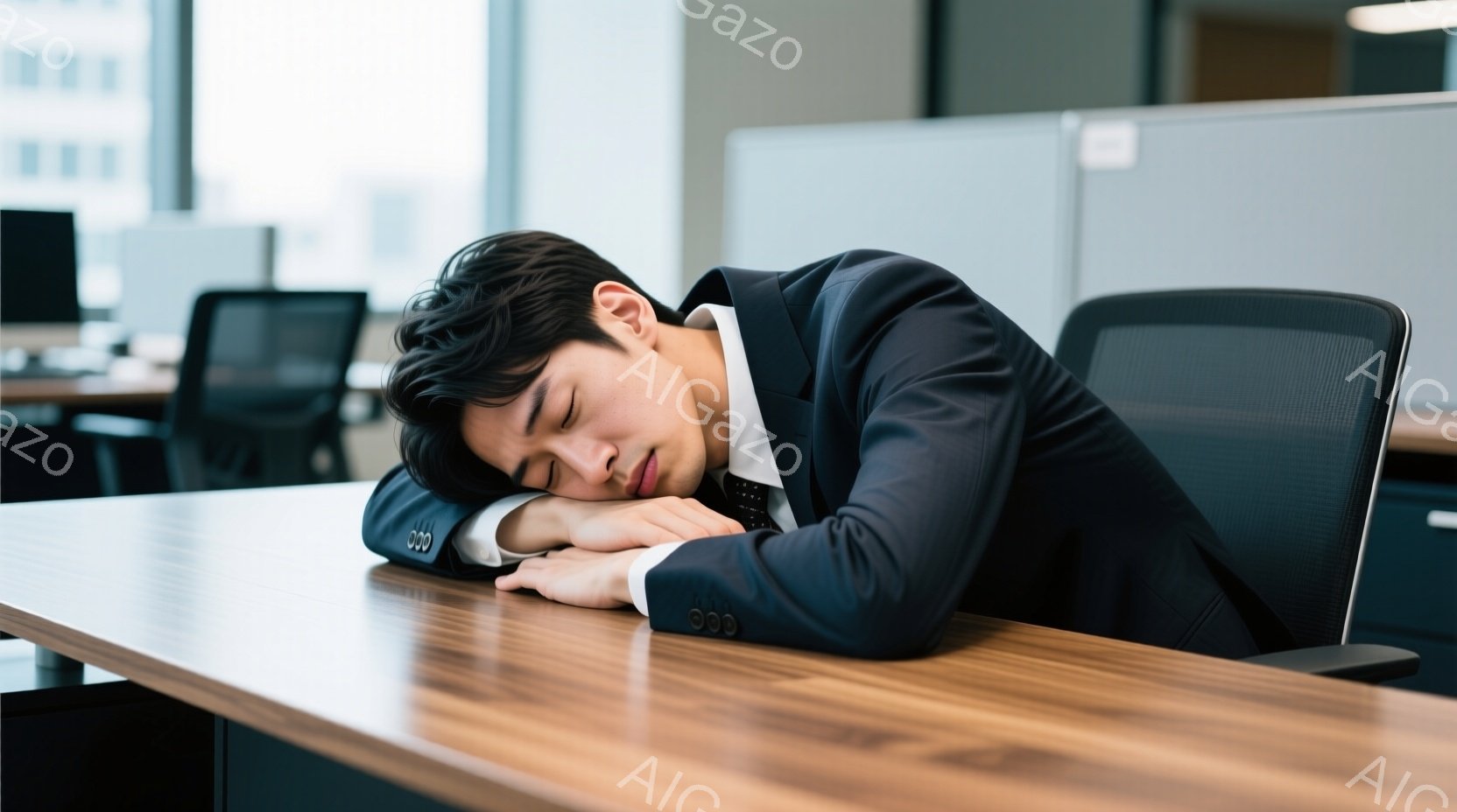 若い男性がオフィスでデスクに突っ伏して眠っている様子が写っている。彼は紺色のスーツと黒いネクタイを着用し、黒髪を短く整えている。背景にはオフィス家具が見え、明るい室内で疲労困憊した雰囲気が漂っている。