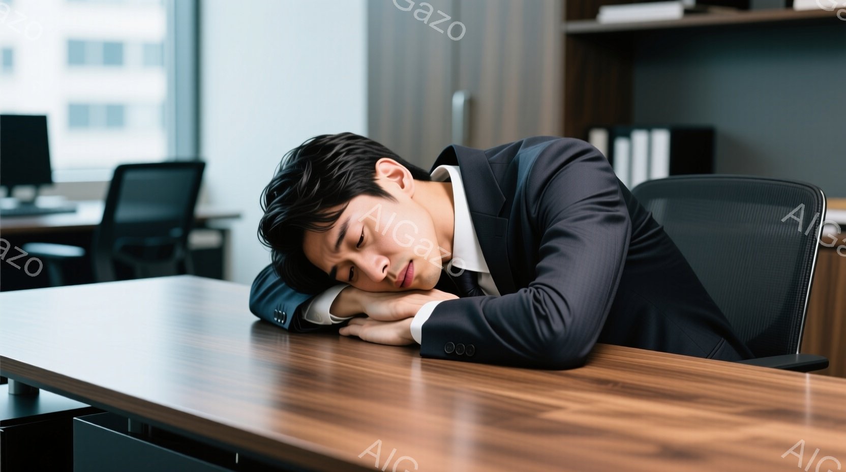 紺色のスーツを着た若い男性が、木の机に突っ伏して眠っている。彼の髪は短く、黒髪で、顔はリラックスして疲れているように見える。背景にはオフィス内の椅子や棚が見え、全体的に疲労困憊した雰囲気である。