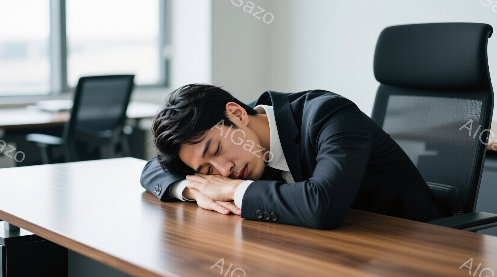 スーツを着た若い男性が、オフィスらしき場所の机にうつ伏せになって眠っている。彼の髪は短く、黒く、顔は腕で覆われているため表情は見えないが、疲労が感じられる。背景にはオフィスチェアが見え、全体的に静かで、疲れた雰囲気の画像である。