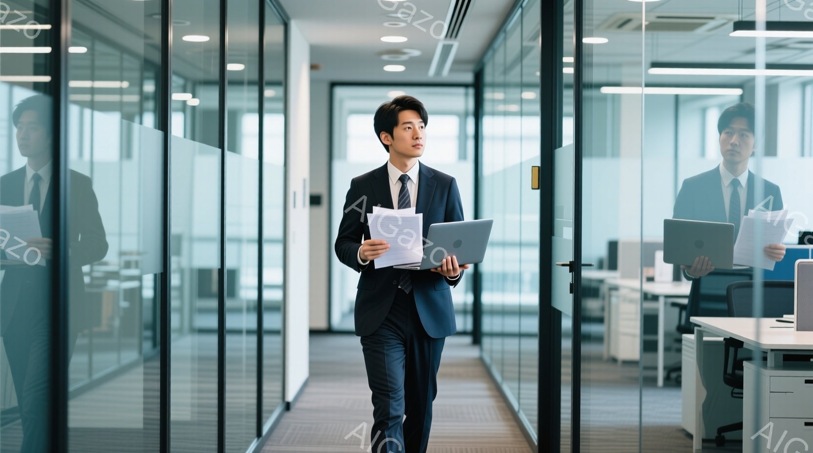 スーツ姿の男性がオフィス内を歩いている。彼は書類を抱え、やや前を見据えた表情で、自信に満ちた様子が伺える。オフィスはガラス張りの壁で区切られ、モダンで清潔感があり、静かで落ち着いた雰囲気が漂っている。