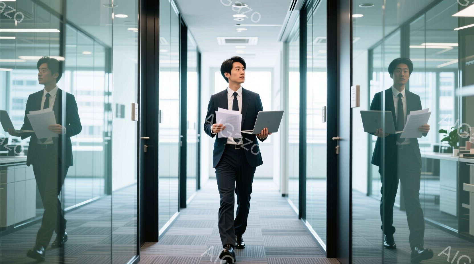 スーツを着た男性がオフィス内を歩いている。彼は黒いジャケット、白いシャツ、ネクタイを着用し、書類を手に持っている。背景はガラス張りのオフィスで、モダンでプロフェッショナルな雰囲気である。 - AI生成フリー素材