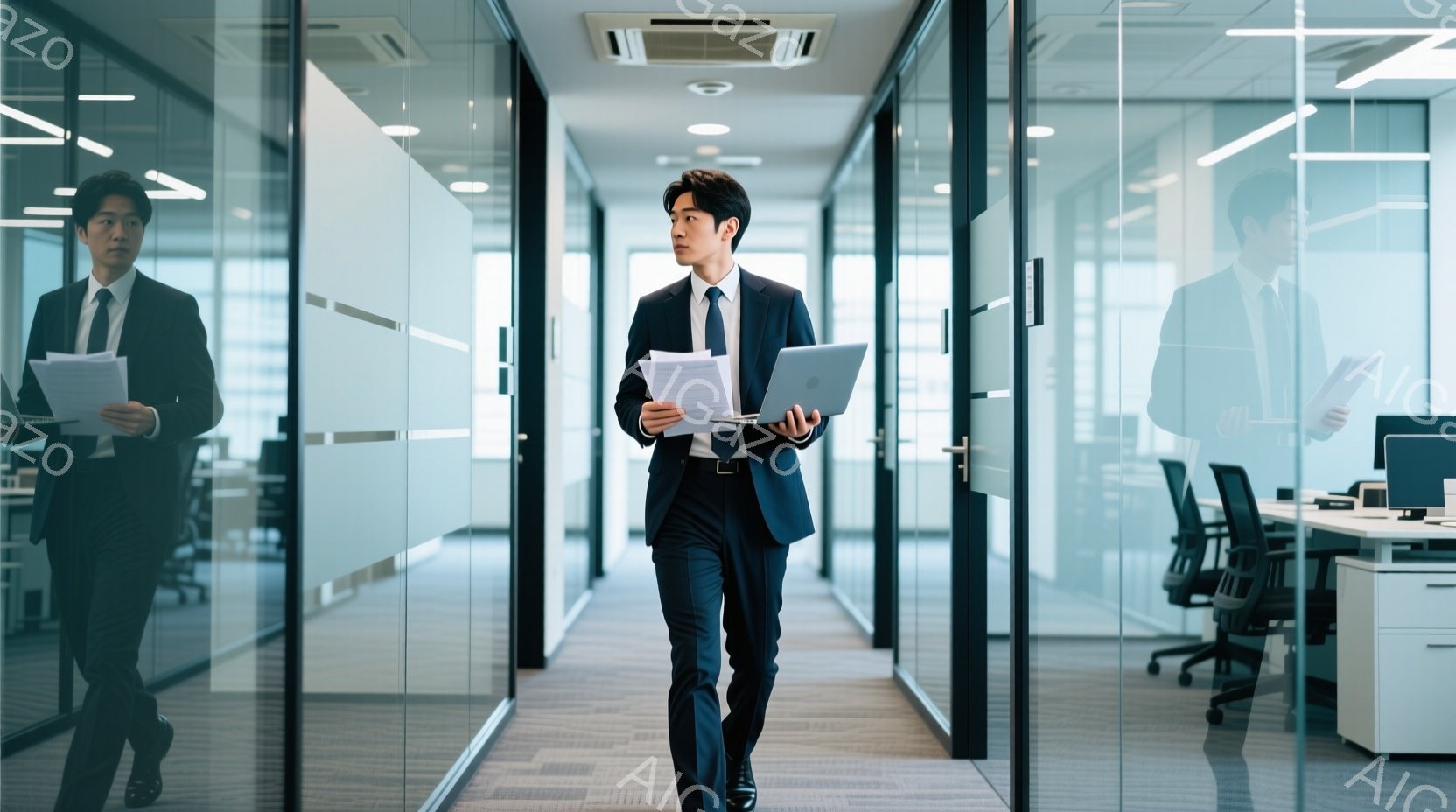 スーツを着た若い男性がオフィス内を歩いている。彼は黒いジャケット、白いシャツ、ネクタイ、そして黒いズボンを着用しており、片手にラップトップと書類を持っている。背景にはガラス張りのオフィス空間が広がり、モダンでプロフェッショナルな雰囲気が漂っている。