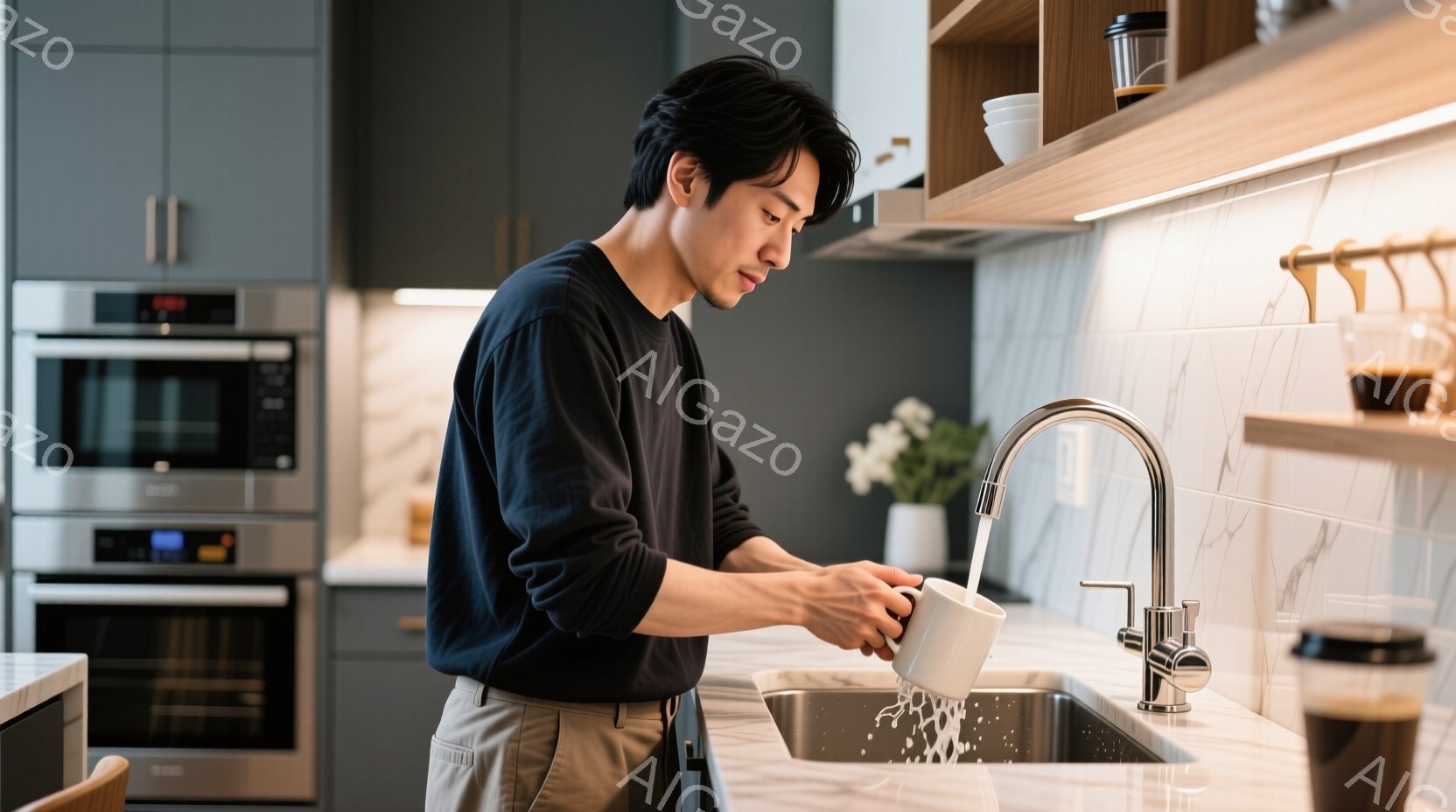 男は濃い青色の長袖シャツとベージュ色のズボンを着用し、キッチンで水を一杯のマグカップに注いでいます。彼は少し身を乗り出し、集中した表情で水を注いでおり、髪は短く整えられています。背景には白いタイル張りの壁、ステンレス製のシンク、モダンなキッチン家電があり、全体的に清潔で落ち着いた雰囲気です。