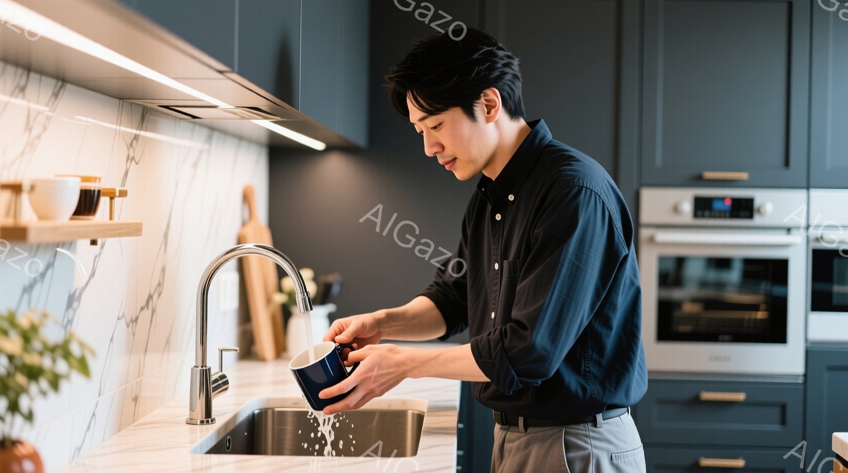 黒色のシャツと灰色のズボンを着用した男性がキッチンでマグカップを洗っています。彼はわずかに前かがみになり、真剣な表情でカップの中に水を流し込んでいます。背景には、大理石調のカウンター、スタイリッシュなキャビネット、そして最新のオーブンが配置されており、全体的にモダンで洗練された雰囲気です。