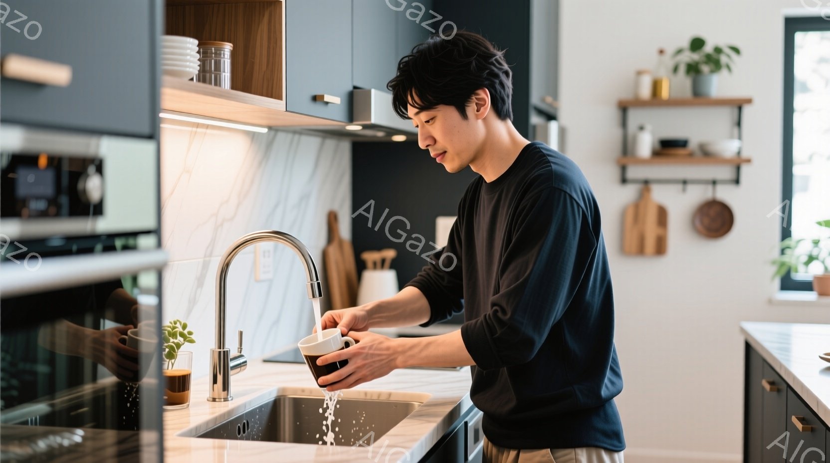 黒い長袖シャツとベージュのパンツを着た男性が、キッチンでマグカップを洗っています。彼は少し前かがみになり、真剣な表情で水を入れたマグカップを丁寧に扱っています。背景には白いタイル張りの壁、木製の棚、そ - AI生成フリー素材