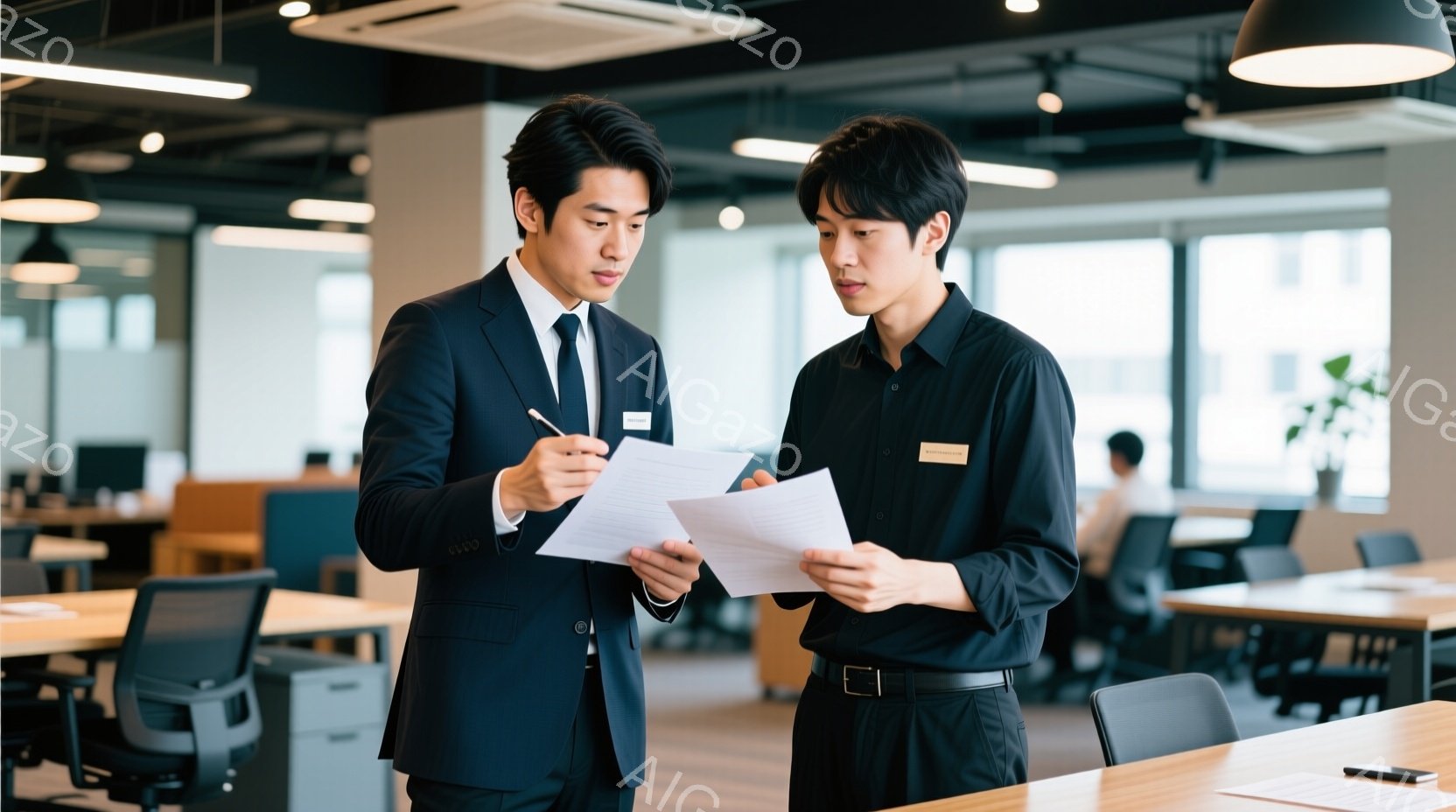 紺色のスーツと黒いシャツを着た二人の男性が書類を見ながら話しています。どちらも黒髪で、集中した表情をしています。背景にはオフィス空間が広がり、他の従業員もわずかに見えますが、全体的に落ち着いた雰囲気です。