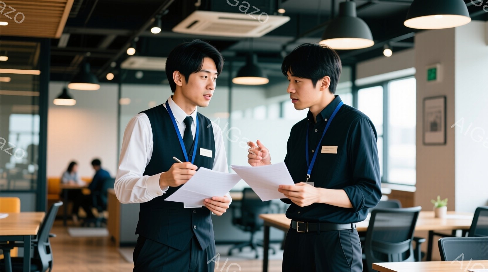 二人の若い男性が書類を見ながら真剣に話し合っている。黒いベストと白いシャツ、ネクタイという服装で、胸には名札をつけている。背後にはテーブルと椅子が並び、レストランかカフェのような室内空間が広がっている。