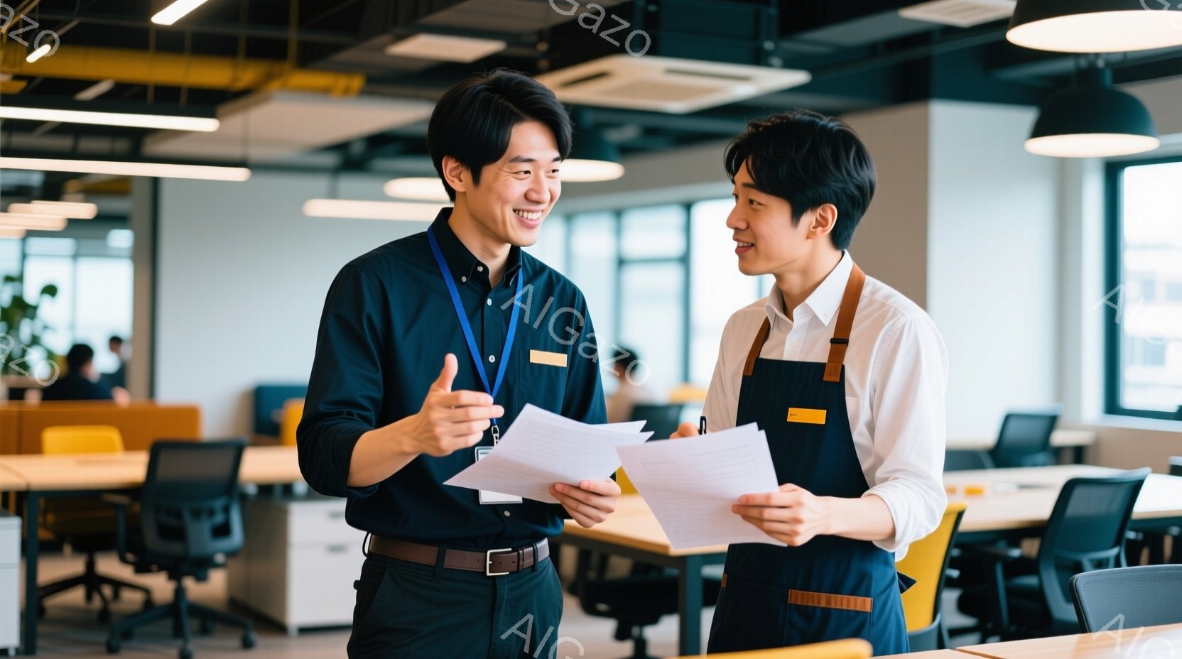 室内で二人の男性が書類を手にしながら会話しています。一人は濃い青のシャツに黒いズボン、もう一人は白いシャツにエプロンを着用しており、どちらも笑顔で活発な様子です。背景にはオフィススペースが広がり、他の従業員や机、そして近代的な照明器具が見えます。