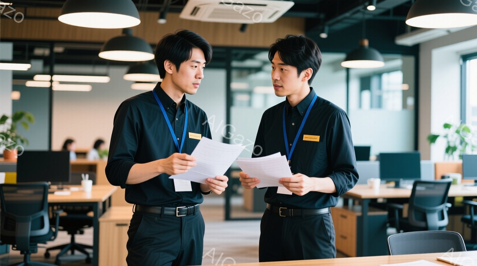 2人の男性がオフィス内で書類を見ながら会話しています。彼らは黒いシャツに黒いズボン、そして身につけているネクタイとIDカードが特徴的で、真剣な表情で互いに向き合っています。背景には他の従業員がパソコン - AI生成フリー素材
