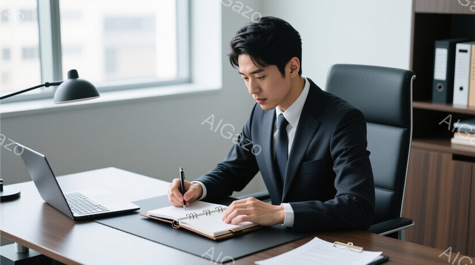 スーツを着た若い男性が、オフィスでノートにペンで何かを書き込んでいる。彼は真剣な表情で、背筋を伸ばして椅子に座り、集中して作業に取り組んでいるようだ。背景には木製のキャビネットとノートパソコンが見え、全体的に落ち着いた雰囲気のオフィス空間が広がっている。