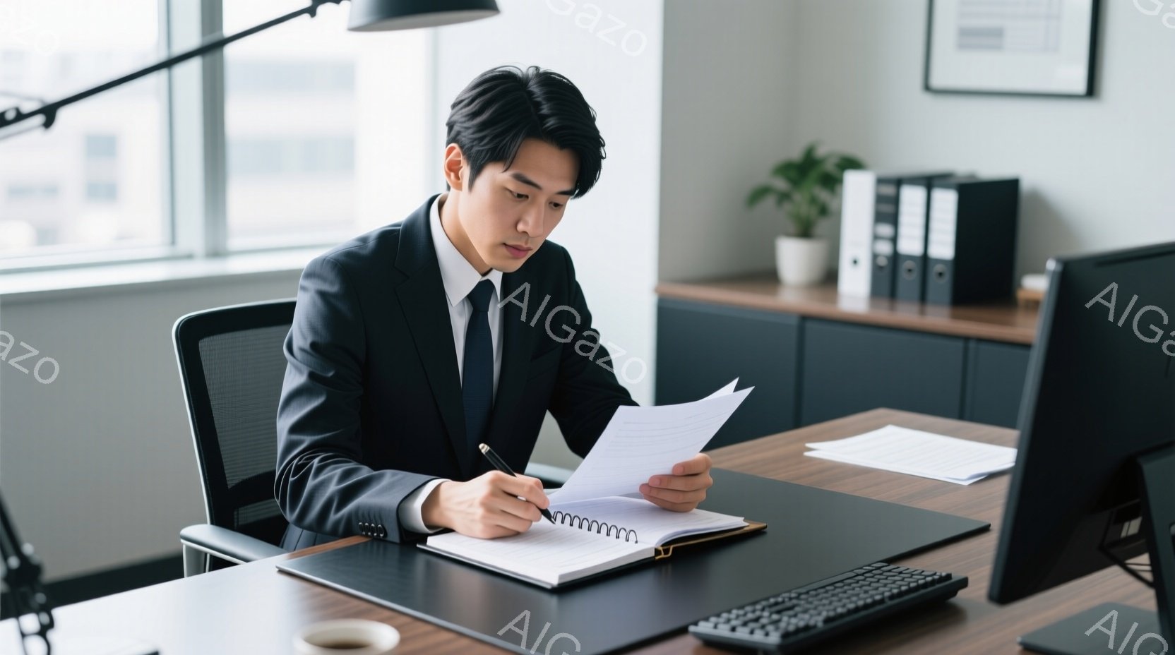 スーツとネクタイを着用した男性が、オフィスで書類にペンで書き込みをしている様子が写っている。彼は集中した表情で、少し前かがみになりながらノートに目を通している。背景にはキャビネットや植物があり、モダンで落ち着いた雰囲気のオフィス空間が広がっている。