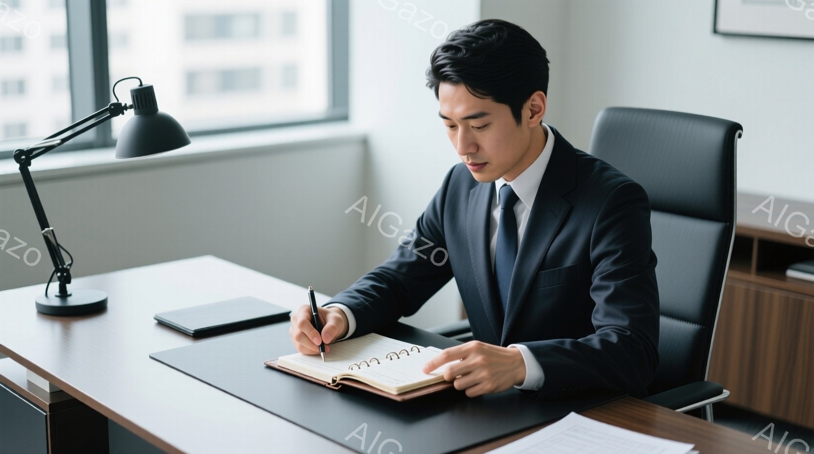スーツ姿の男性が、机に向かってノートにペンで書き込んでいる。彼の髪型は短く整えられ、真剣な表情で仕事に集中している様子が伺える。背景にはオフィスらしき空間が広がり、窓の外には高層ビルが見える。 - AI生成フリー素材