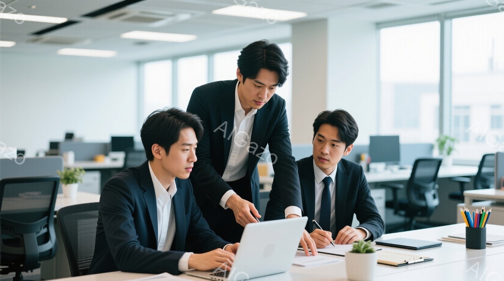 三人のビジネスマンがオフィスでパソコンに向かって仕事をしている様子が写っている。全員が黒いスーツとネクタイを着用し、髪型は短髪で整えられている。一人がパソコンを操作し、別の人がペンで書類に書き込んでい - AI生成フリー素材