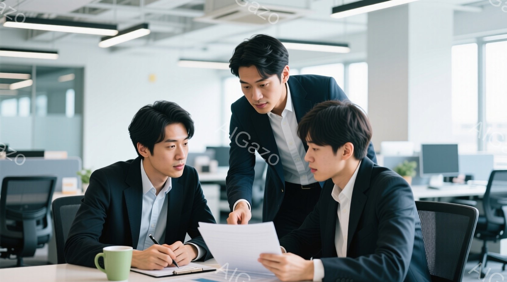 2人のビジネスマンがオフィスで書類を確認している様子が写っている。片方はスーツ姿で椅子に座り、ペンを手に何かを書き込んでいる。もう一人は立って書類を指し、相手に説明しているようで、両者とも真剣な表情を - AI生成フリー素材