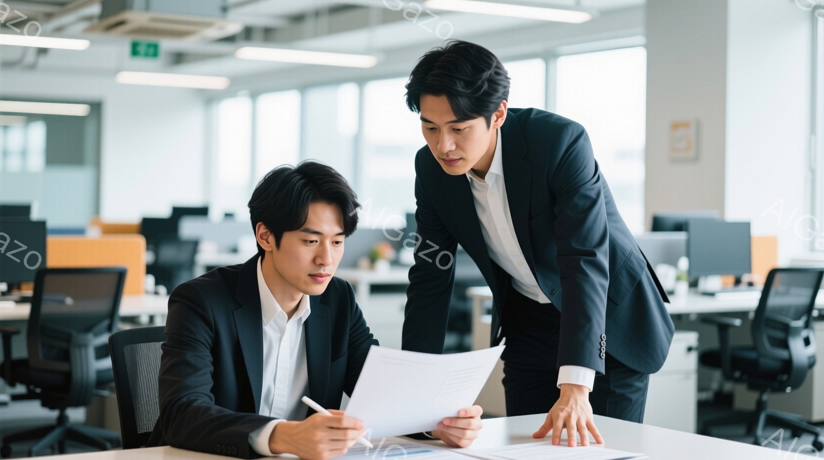 二人のビジネスマンがオフィスで書類を共有している様子が写っている。どちらも黒いスーツに白いシャツを着用し、片方はペンを手に書類に目を通している。背景には他のオフィスワーカーのデスクが並び、モダンなオフ - AI生成フリー素材