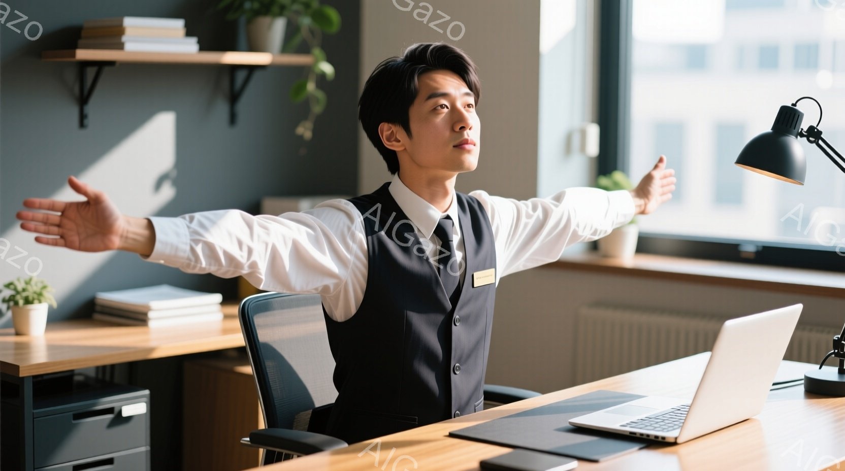 椅子に座った男性は、両腕を広げてリラックスした様子を見せています。彼は白シャツにベスト、ネクタイという服装で、胸元には名札がついています。背景には木製の机、パソコン、本棚、そして窓の外には都市の風景が見え、全体的に明るく開放的な雰囲気です。