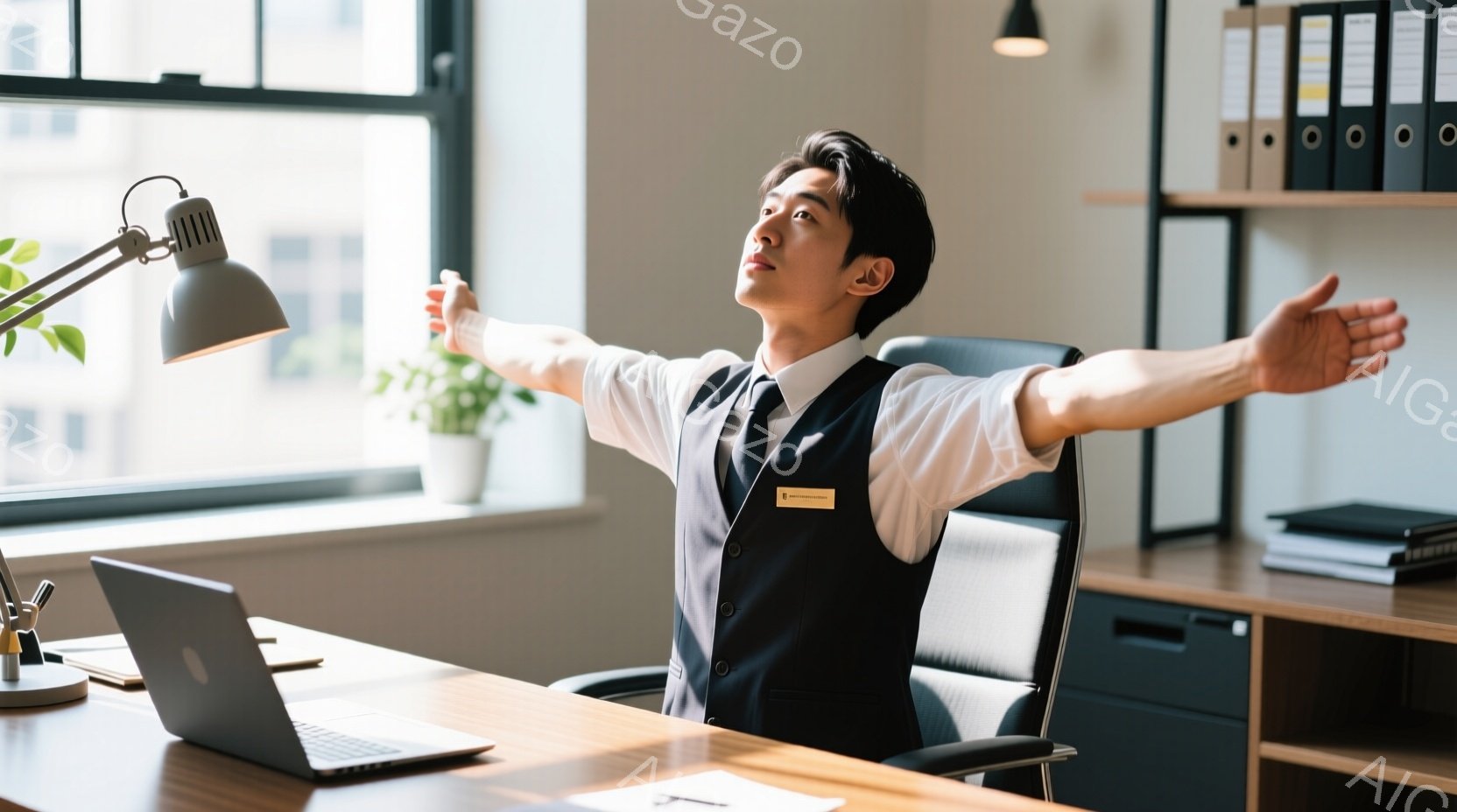 紺色のベストと白シャツを着た男性が、オフィスチェアに座って両手を広げ、リラックスした表情で仰向けに座っています。背景には、棚にファイルボックスが並び、机の上にはノートパソコンや文房具が置かれ、植物が飾られています。全体的に、オフィスでくつろぎ、解放感を味わっているような雰囲気が漂っています。