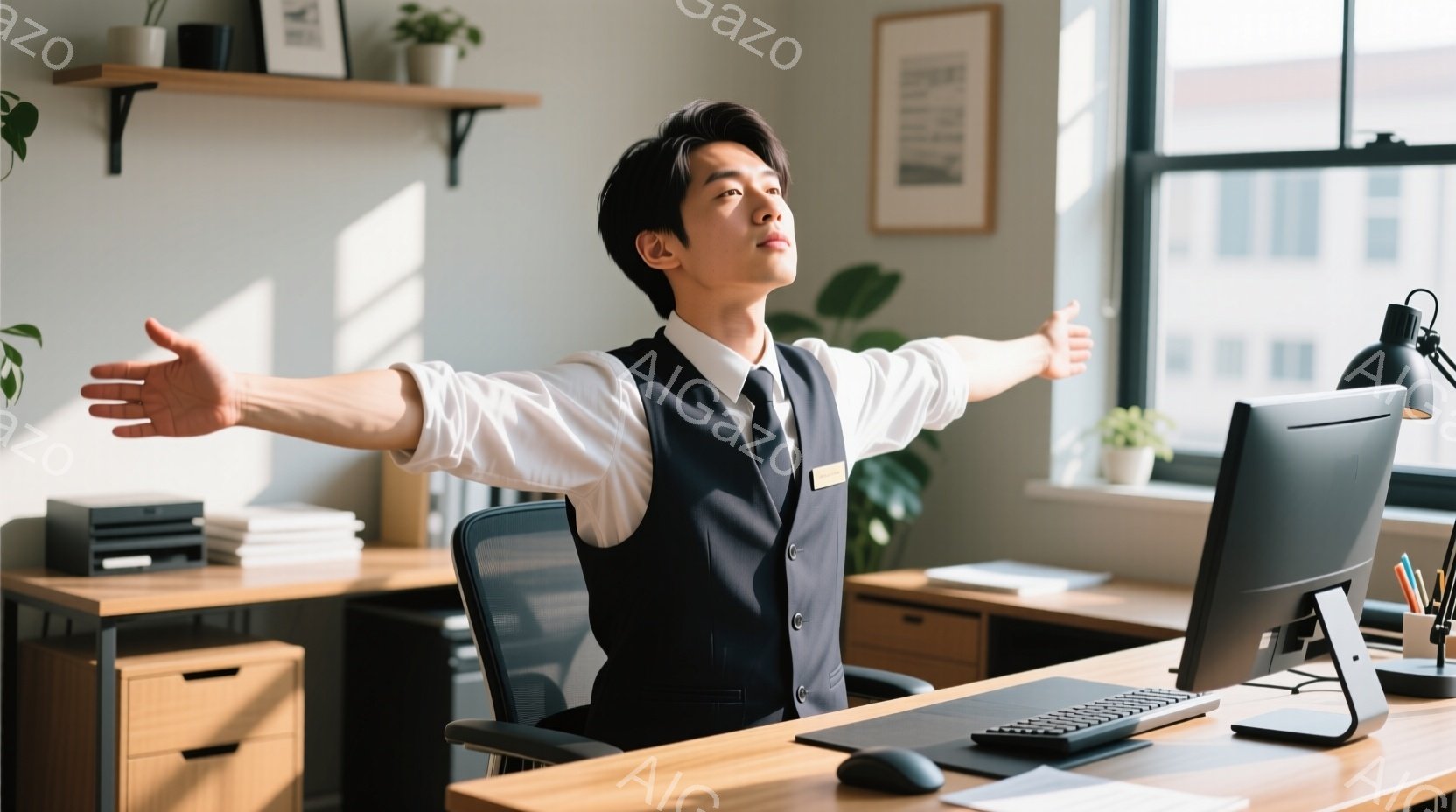 椅子に座った男性は、両腕を広げて大きく伸びをしています。黒いベストと白いシャツ、ネクタイという服装で、短く整髪された髪型です。明るいオフィス内、窓からは都市の景色が見え、リラックスした雰囲気を感じさせます。