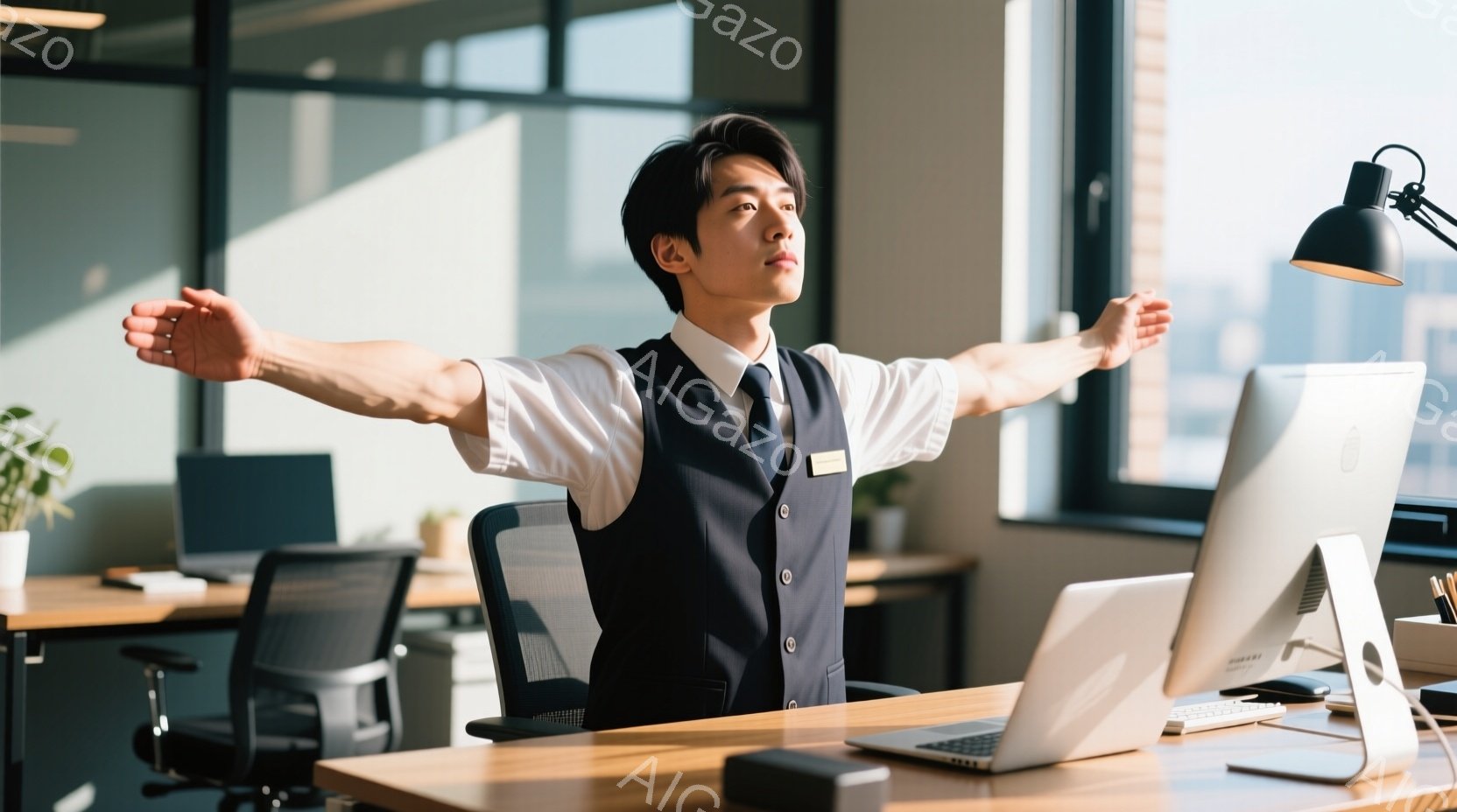 オフィスで男性が椅子に座り、両腕を横に広げてストレッチをしている様子が写っている。彼は白いシャツにベスト、ネクタイ姿で、短髪で整髪されている。背景にはオフィス家具や窓から見える都市の風景が見え、明るく開放的な雰囲気が漂っている。