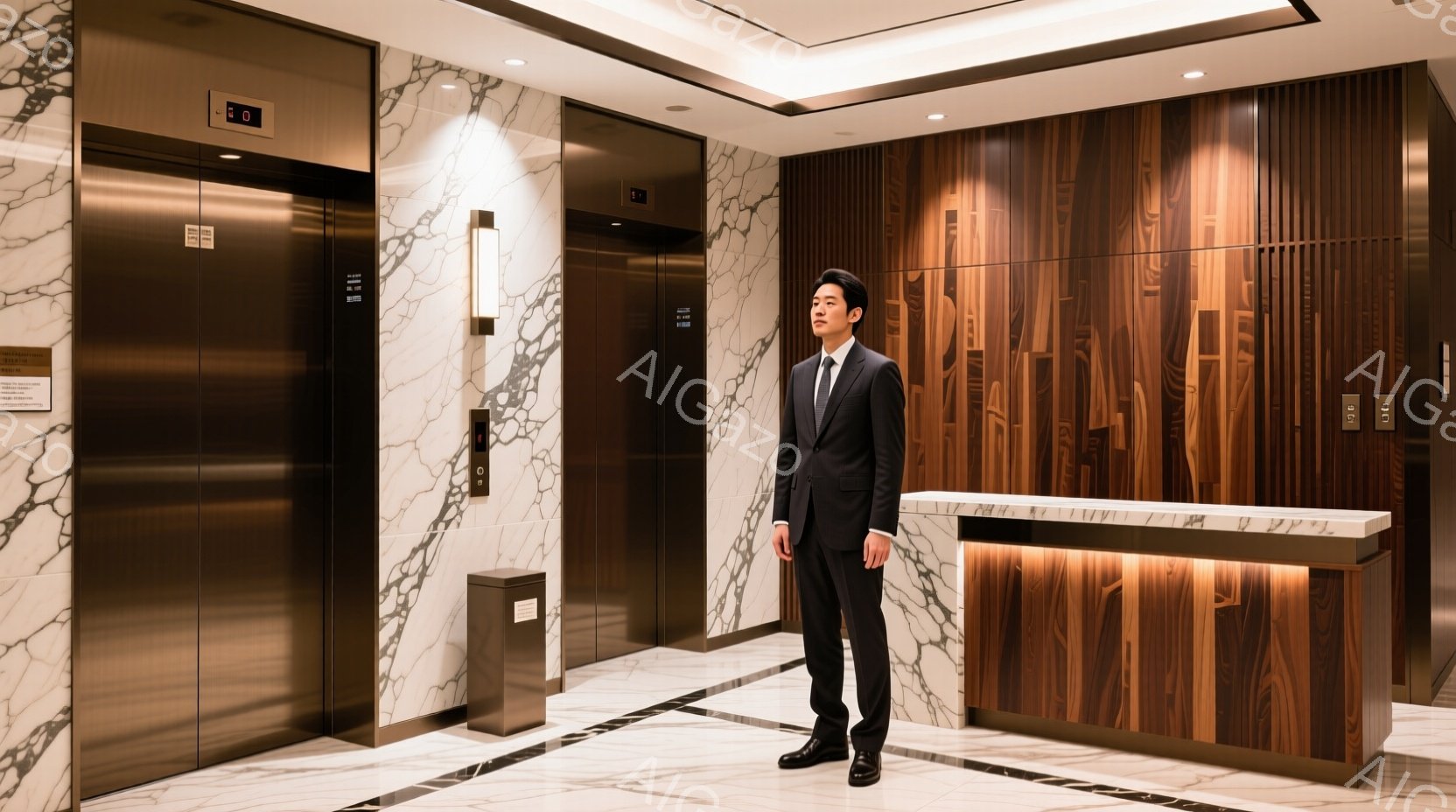 白い大理石模様の壁と木製のパネルが特徴的なホテルのロビーの一角が写っている。黒いスーツにネクタイを締め、黒い革靴を履いた男性が、壁の前に立ってわずかに右を向いている。彼は落ち着いた表情で、姿勢も良く、 - AI生成フリー素材
