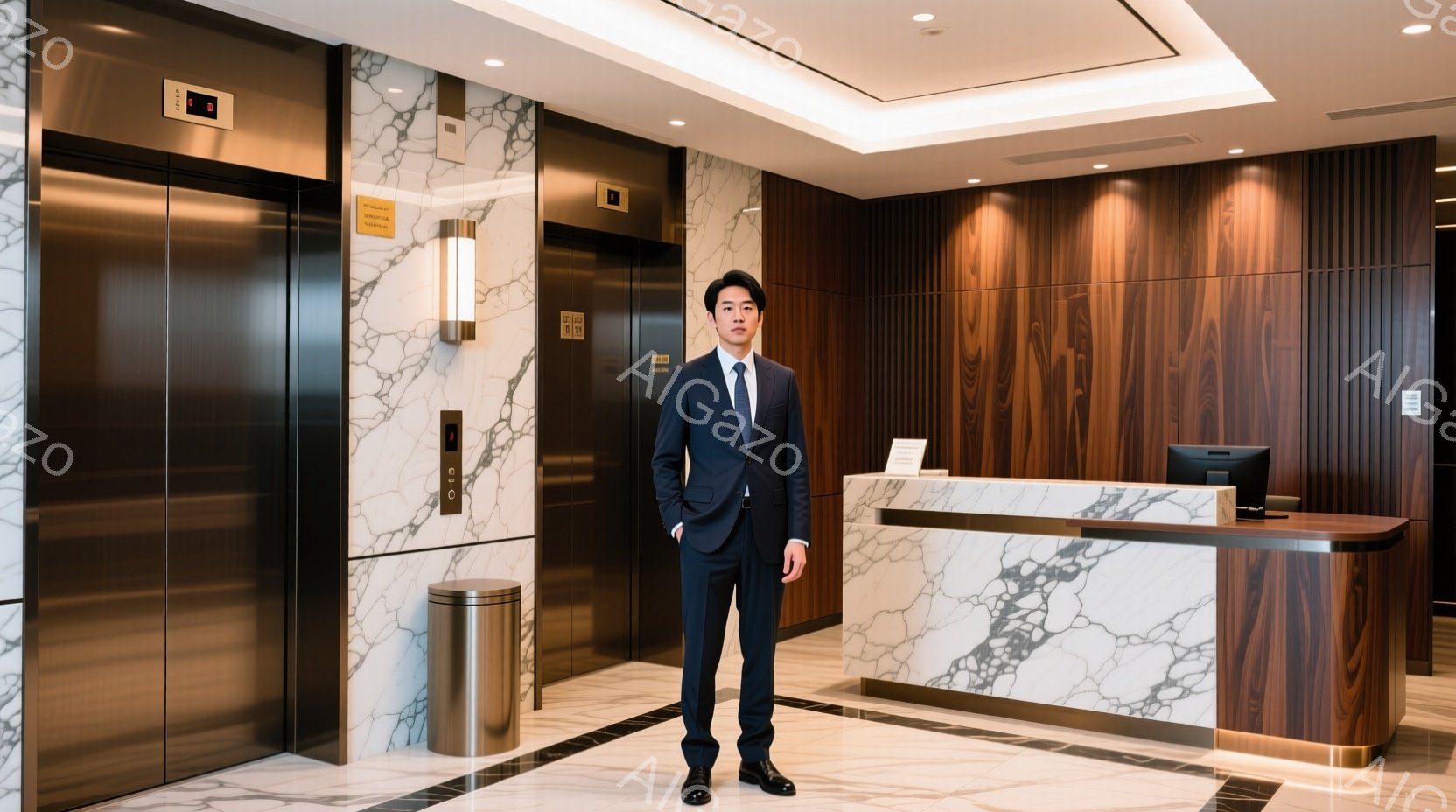 ダークブルーのスーツにネクタイを締めた男性が、大理石調の壁の前で立っている。彼はまっすぐ前を見ており、表情は落ち着いている。背景には受付カウンターとエレベーター、そしてステンレス製のゴミ箱があり、高級ホテルやオフィスのロビーのような雰囲気である。