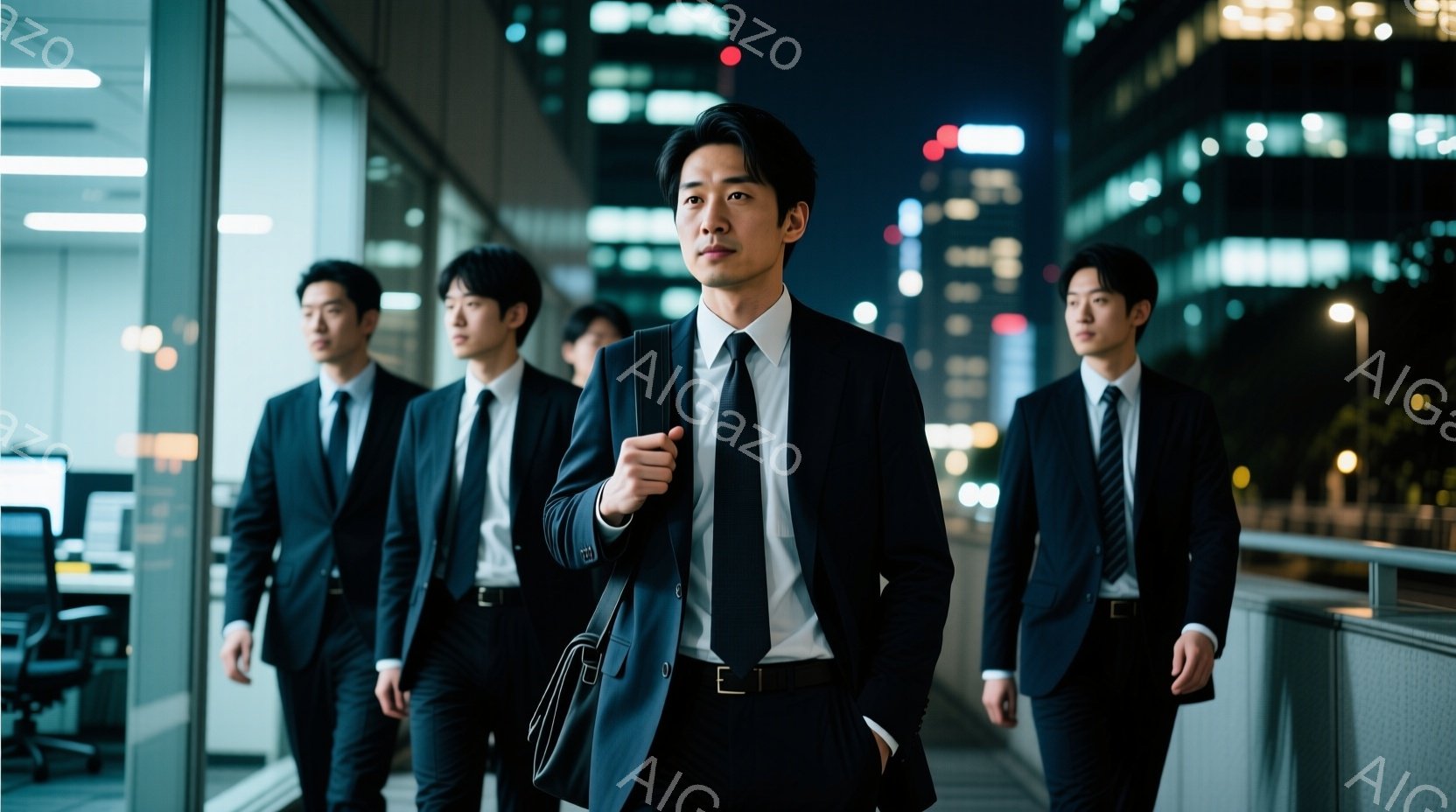 複数の男性が黒いスーツと白いシャツ、黒いネクタイを着用し、揃い踏みで歩いている。彼らは皆、黒いバッグを肩にかけており、どこか真剣な表情をしている。背景には高層ビル群が夜景としてぼやけ、歩道橋のような場所を歩いている様子から、ビジネスシーンやプロフェッショナルな雰囲気が感じられる。