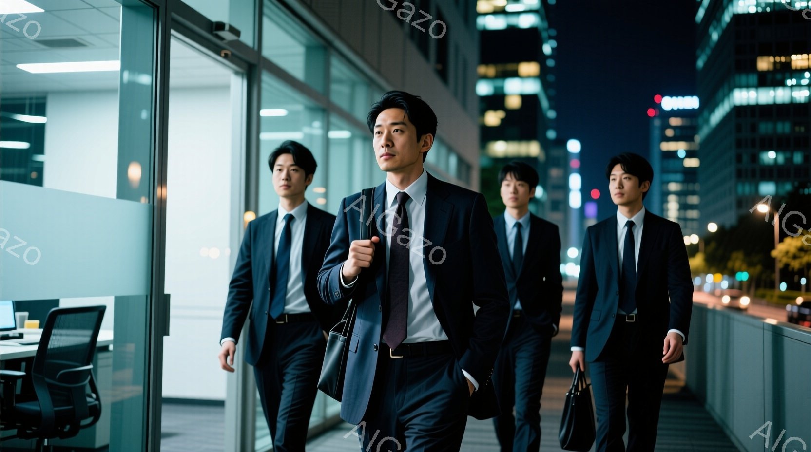 紺色のスーツにネクタイ姿の男性たちが、オフィスビルの廊下を歩いている。彼らは皆、黒髪で、真剣な表情をしており、それぞれ手に書類やバッグを持っている。背景には夜景が広がり、近代的な高層ビル群がライトアップされている、ビジネスマンたちの足取りは軽く、自信に満ち溢れているように見える。