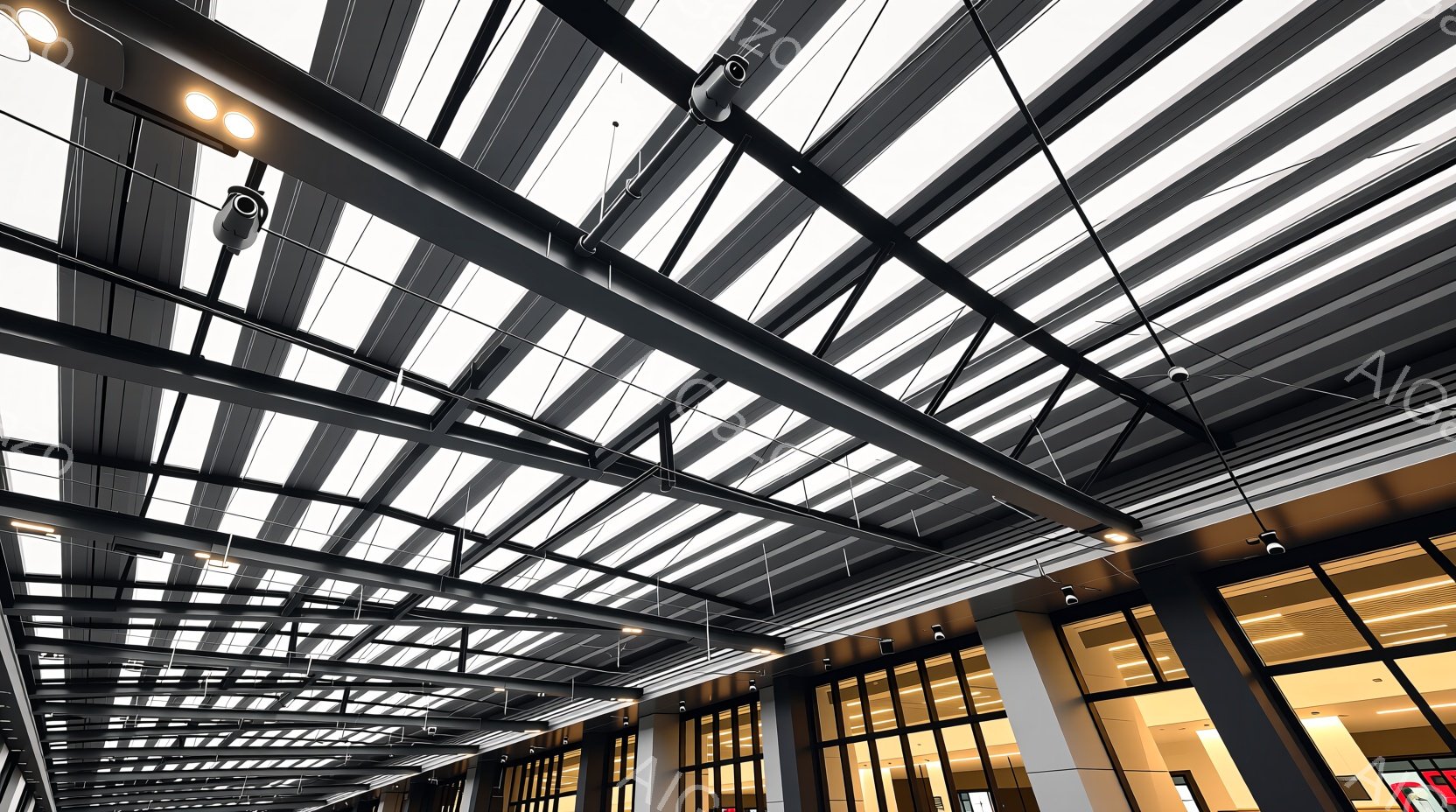 モダンな建築空間の内部を示しています。天井は、白と黒のストライプ状のパネルと、それに沿って伸びる黒い梁で構成されており、監視カメラが取り付けられています。背後には、大きなガラス窓と柱が見え、明るい自然光が差し込み、全体的に洗練された都会的な雰囲気を醸し出しています。