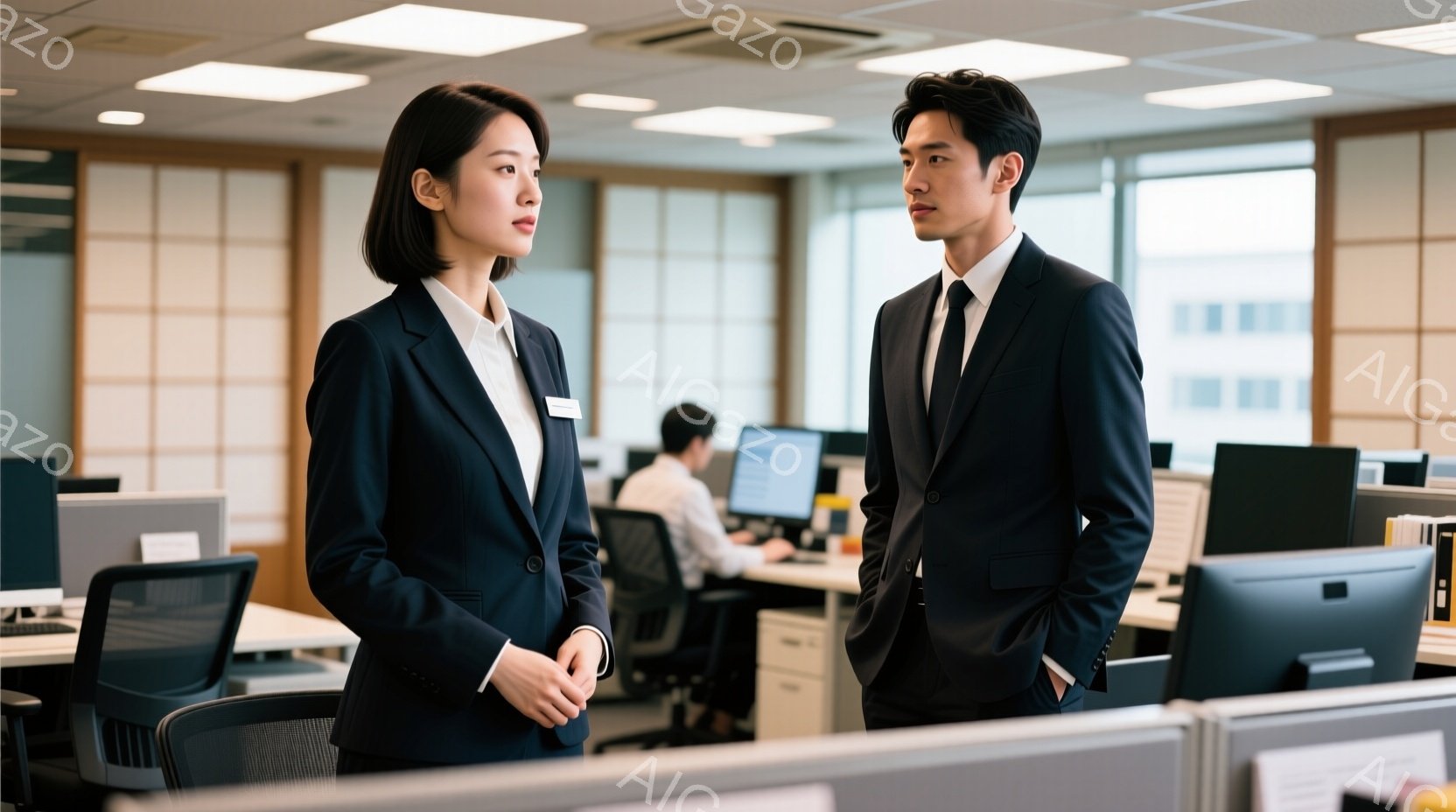 オフィスでスーツを着た男女が立っている様子が写っています。女性は黒のスーツに白いシャツを着ており、髪は短くストレートです。男性は紺色のスーツにネクタイをし、片手をポケットに入れている様子から、どこか余 - AI生成フリー素材