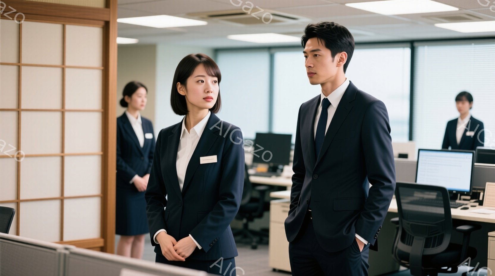 オフィスを背景に、紺色のスーツを着た若い女性と男性が立っています。女性は髪を後ろにまとめ、男性は片手をポケットに入れています。オフィスは整然としており、いくつかのデスクとコンピューターが見え、全体的に落ち着いた雰囲気です。