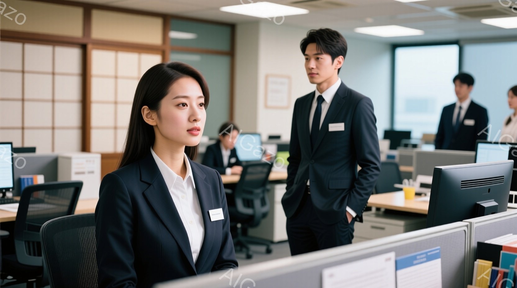 オフィスで働く人々の様子が写っています。女性は白いシャツに紺色のジャケットを着用し、後ろを向いた男性はスーツ姿で、両手をポケットに入れています。オフィスは整然としており、窓の外には明るい日差しが差し込み、全体的に清潔でプロフェッショナルな雰囲気が漂っています。