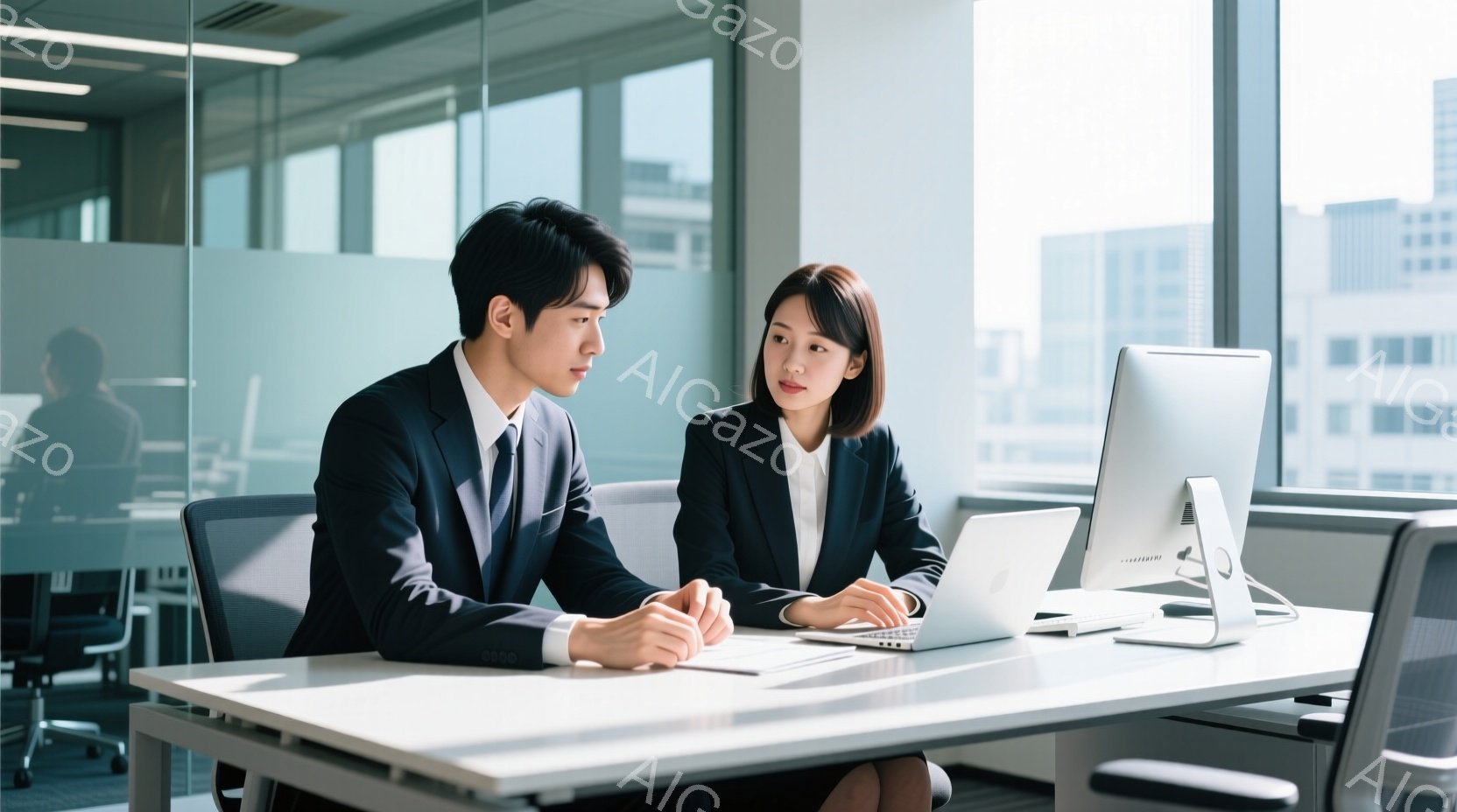 ビジネスウーマンとビジネスマンがオフィスでデスクに向かい合って座っており、女性はノートパソコンを操作しています。男性はスーツ姿で、やや考え込んでいるような表情をしています。背景には高層ビルが見え、明る - AI生成フリー素材