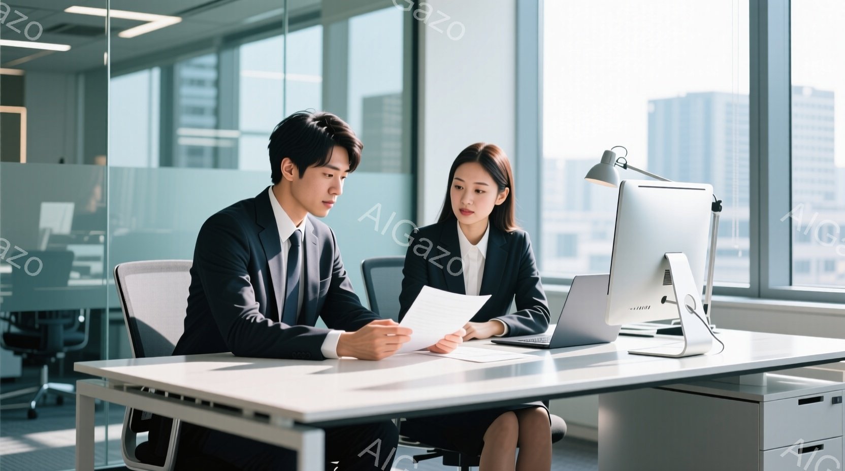 ビジネススーツを着た若い男女がオフィスで書類を手に取りながら会話しています。男性は黒髪で、真剣な表情で書類を見つめ、女性は黒髪を後ろでまとめ、ノートパソコンを見ながら慎重に話を聞いています。背景にはオ - AI生成フリー素材